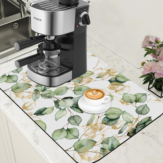 Gold and Green Eucalyptus Leaf Dish Drying Mat for Kitchen Counter Coffee Bar Mat Hide Stain Absorbent Rubber Backed Dish Drainer Rack Pad Coffee Pot Espresso Machine Accessories 15.7 x 23.6 Inch