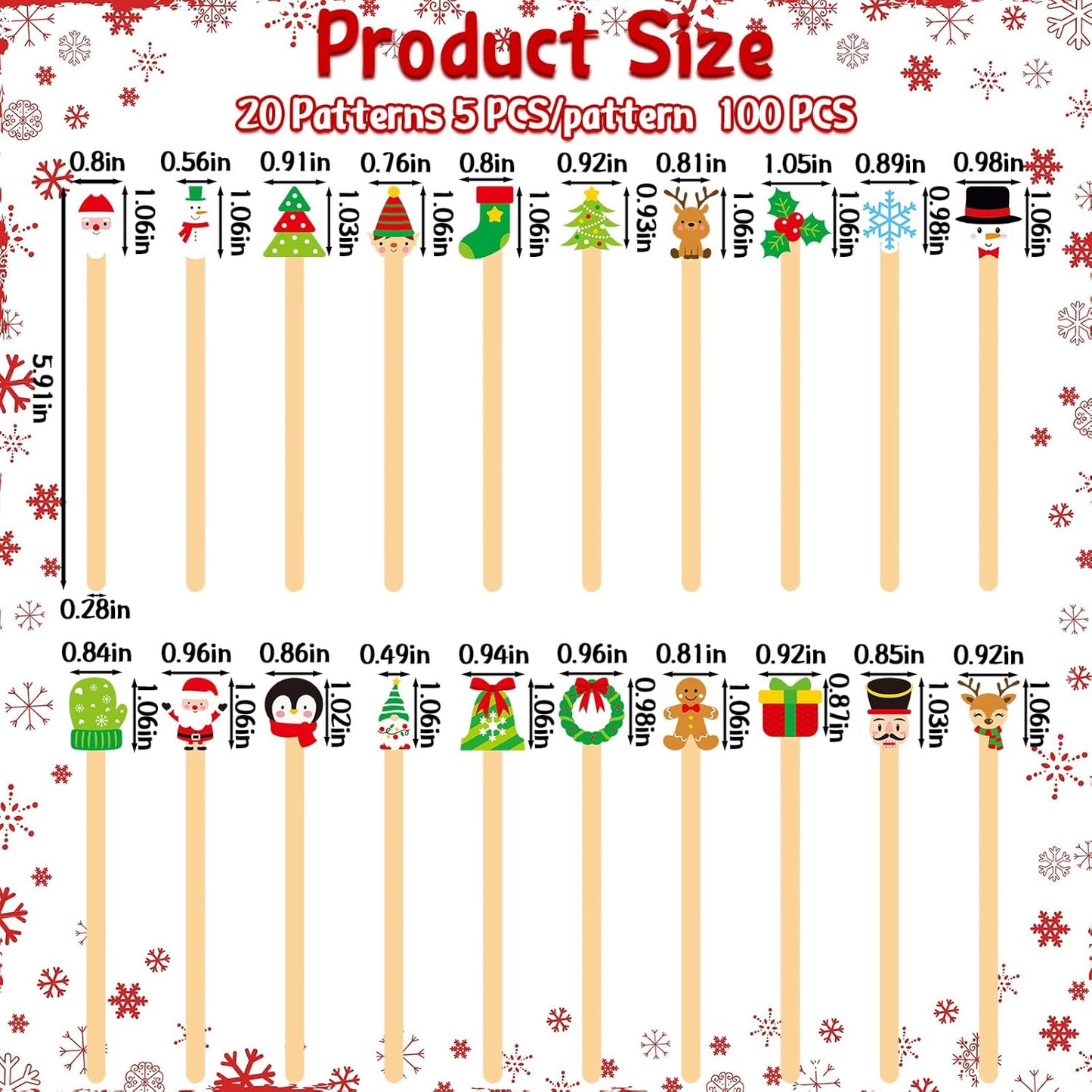 Mifoci 100 Pcs Christmas Wooded Coffee Stirrers Wood Cocktail Coffee Stir Sticks Disposable Stirring Sticks for Beverage Chocolate Hot Drink Party Supplies, 20 Styles (Vibrant Style)