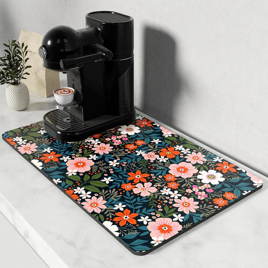 Rnivvi Coffee Mat, 12" x 19" Cute Coffee Bar Mats for Espresso Machine Station Accessories and Organizer, Hide Stain Rubber Backed Absorbent Dish Drying Pad for Kitchen Counter, Floral Cartoon