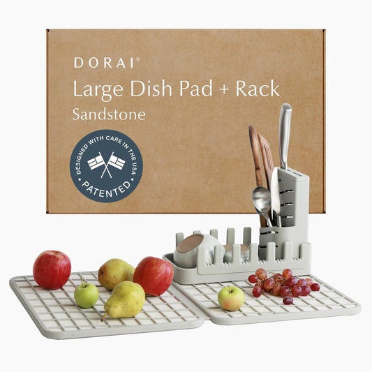 Dorai Home Collapsible Dish Drying Rack and Stone Dish Pad – Large Foldable Drying Rack with Instant - Dry Stone Mat – Space-Saving Drainer for Kitchen Counter - 24.6" x 16.5", Sand