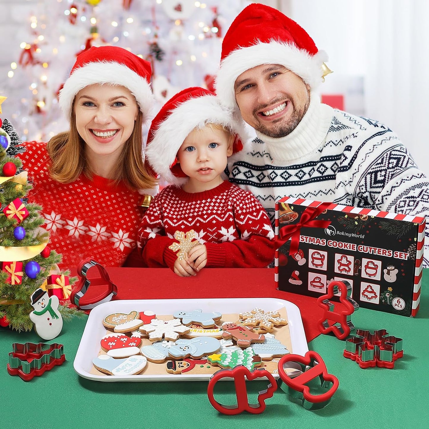 Christmas Cookie Cutters, 6 Pcs Holiday Cookie Cutter with Comfort Grip - Gingerbread Men, Christmas Tree, Snowflake, Santa Hat, Gloves, Snow Man Shapes Cookie Mold for Winter Holiday Party Supplies
