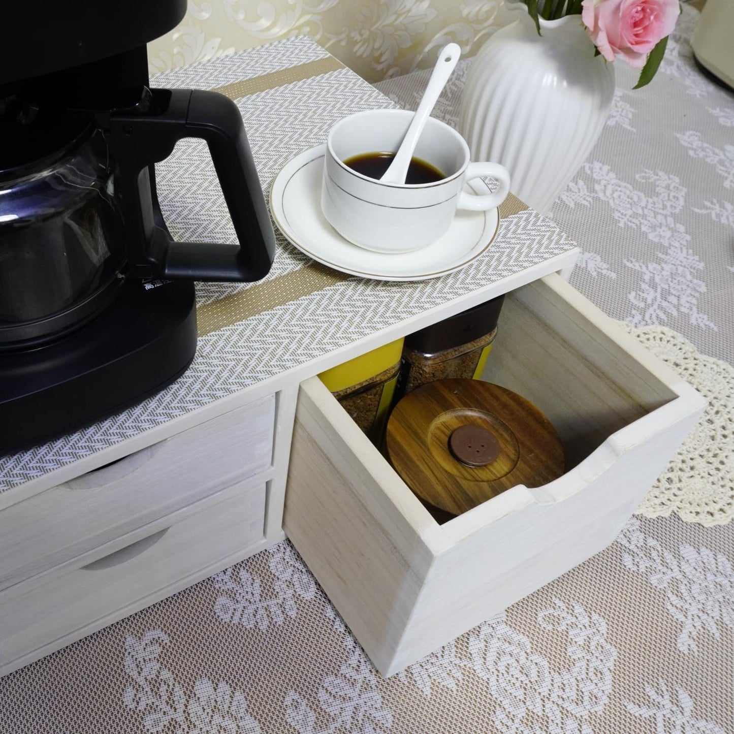 Kitchen Storage Organizer with 3 Drawers for Coffee Brew K Cup/Coffee Pod Holder - Office Organization Drawer for Desk, Multi-Purpose Mini Wood Cabinet Countertop Stand Shelf CF2D3C White