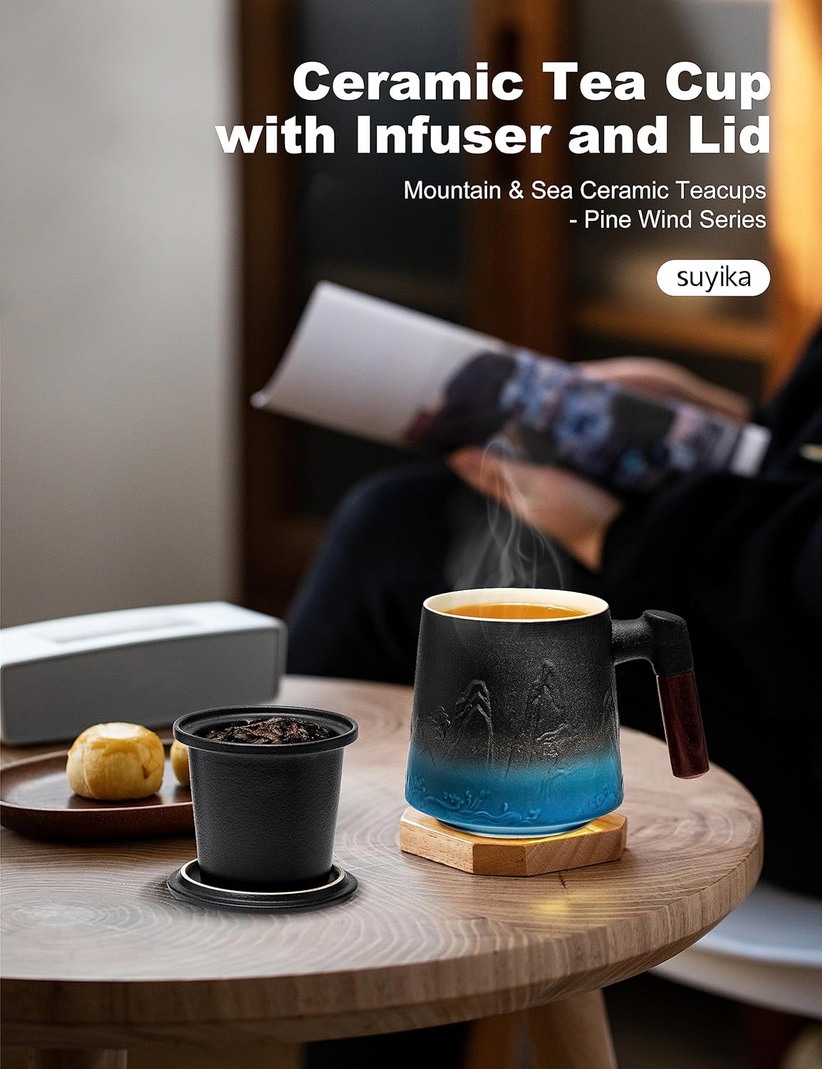 suyika Ceramic Tea Cup with Infuser and Lid, Gradient Embossed Large Tea Mug Wooden Handle for Steeping Loose Leaf, Tea Lover Gifts 15.2 oz / 450 ml,Black & Cyan