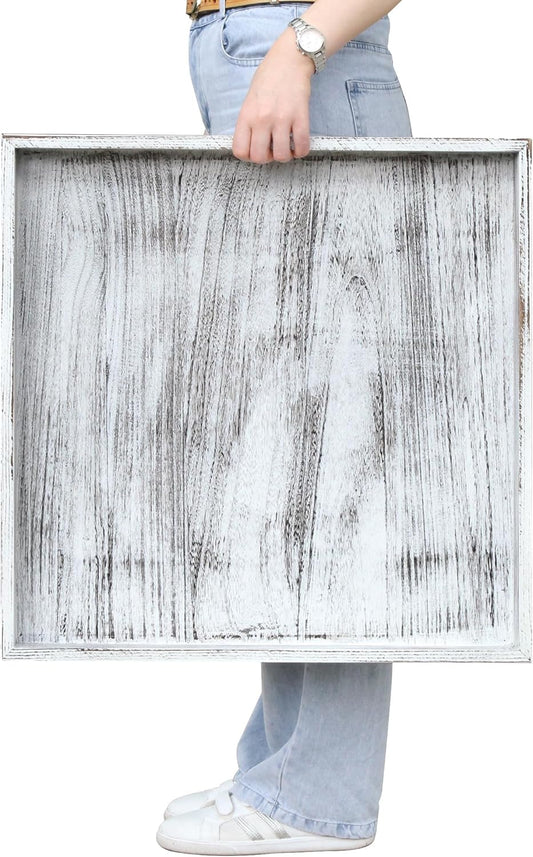 Extra Large Square Ottoman Table Tray 24" - Rustic Wooden Serving Tray for Farmhouse Decorative Oversized Coffee Table Trays Living Room Kitchen Counter Breakfast Whitewash