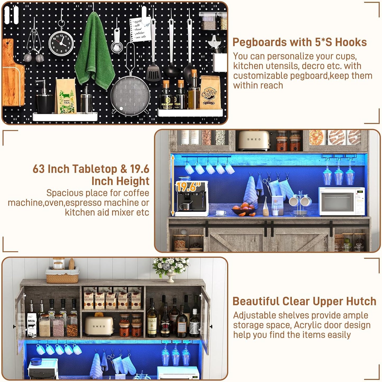 74" Tall 63" Wide Larg Bar Cabinet w/ Outlet,6000-color LED Light,Pegboard,Farmhouse Hutch Bar Cabinet w/Barn Door,2 Big Drawers,Adjustable Shelves,10 Wine & Glasses Rack,5 Hook for Kitchen,OAK