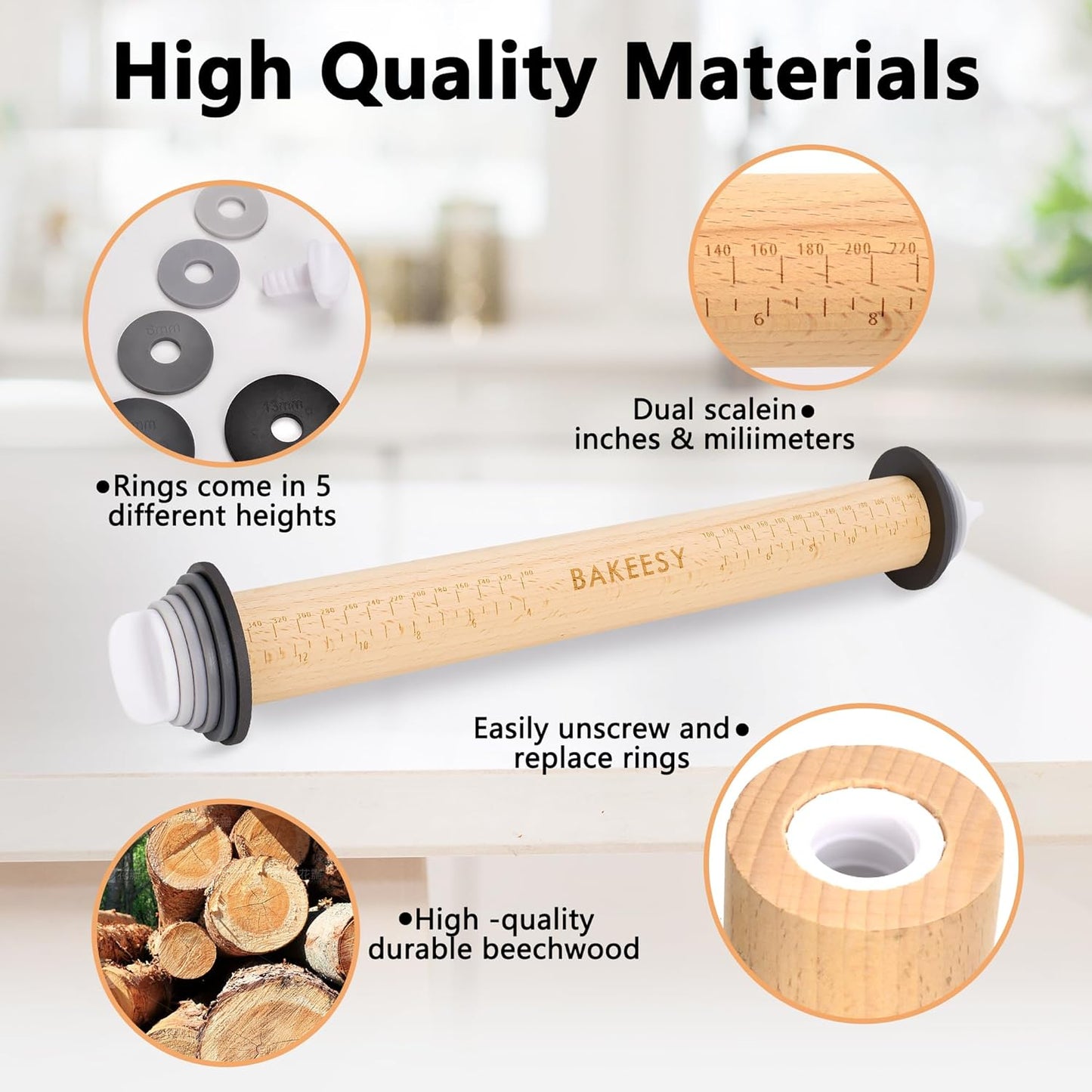 Bakeesy's 14' Wooden Rolling Pin Set with 5 Adjustable Thickness Rings - Roller Pin for Rolling Pizza, Cookie Dough, Pastry, Ravioli, Clay Slab - Full Set with Accessories - Perfect Baking experience