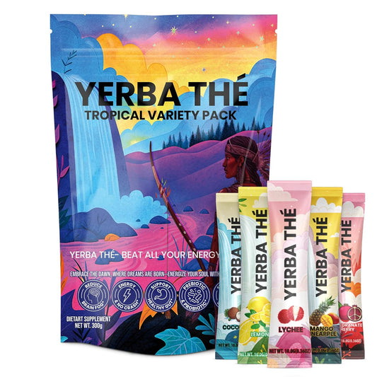 Yerba Mate Tea Powder 5 Mixed Tropical Fruit Flavors Clean Energy Drink Superfood - Support Gut Health, Probiotics and Prebiotics, Reduce Brain Fog, Relaxation & Focus Blend 30 sachets