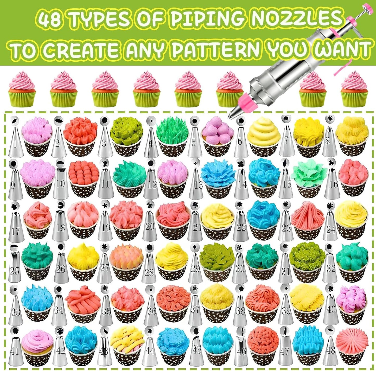 NOVANO Dessert Decorating Syringe Set, Frosting Piping Kit Stainless Steels Cake Decorating Kit with 54 Piping Tips & 9 silicone cupcakes, Cupcake Decorating Kit Piping Bags and Tips Set