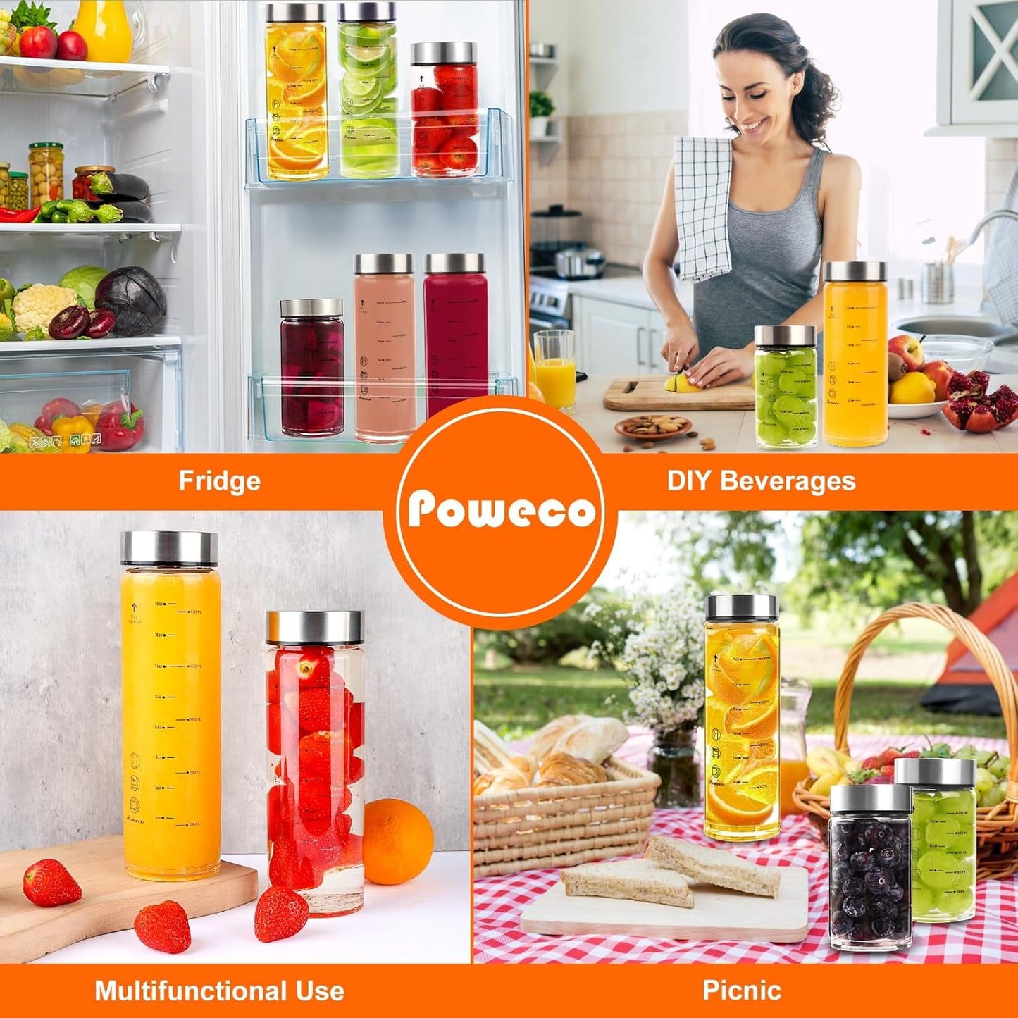 Glass Juice Bottles 6 Pack 20 oz - Wide Mouth Glass Water Bottles with Lids - for Juicing, Protein, Smoothie, Milk, Reusable, BPA Free, Stainless Steel Lids, Blender, Shaker Bottle [20oz/600ml]