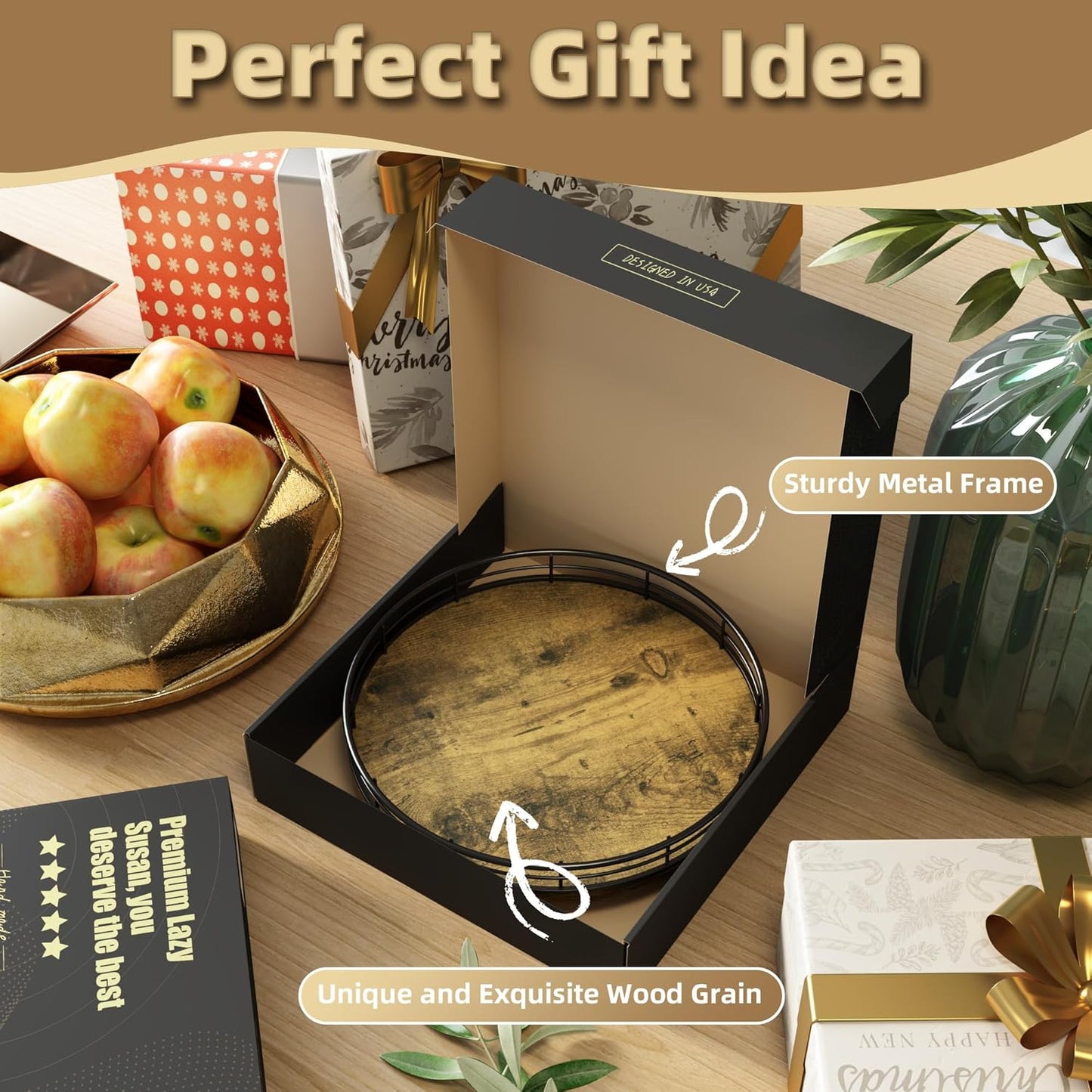 Lazy Susan Turntable Organizer for Table Top, 9’’ Round Wooden Lazy Susan for Cabinet Kitchen Countertop Pantry Dining Coffee Table for Condiments Spices, Rustic Bathroom Vanity Tray for Soap Candle