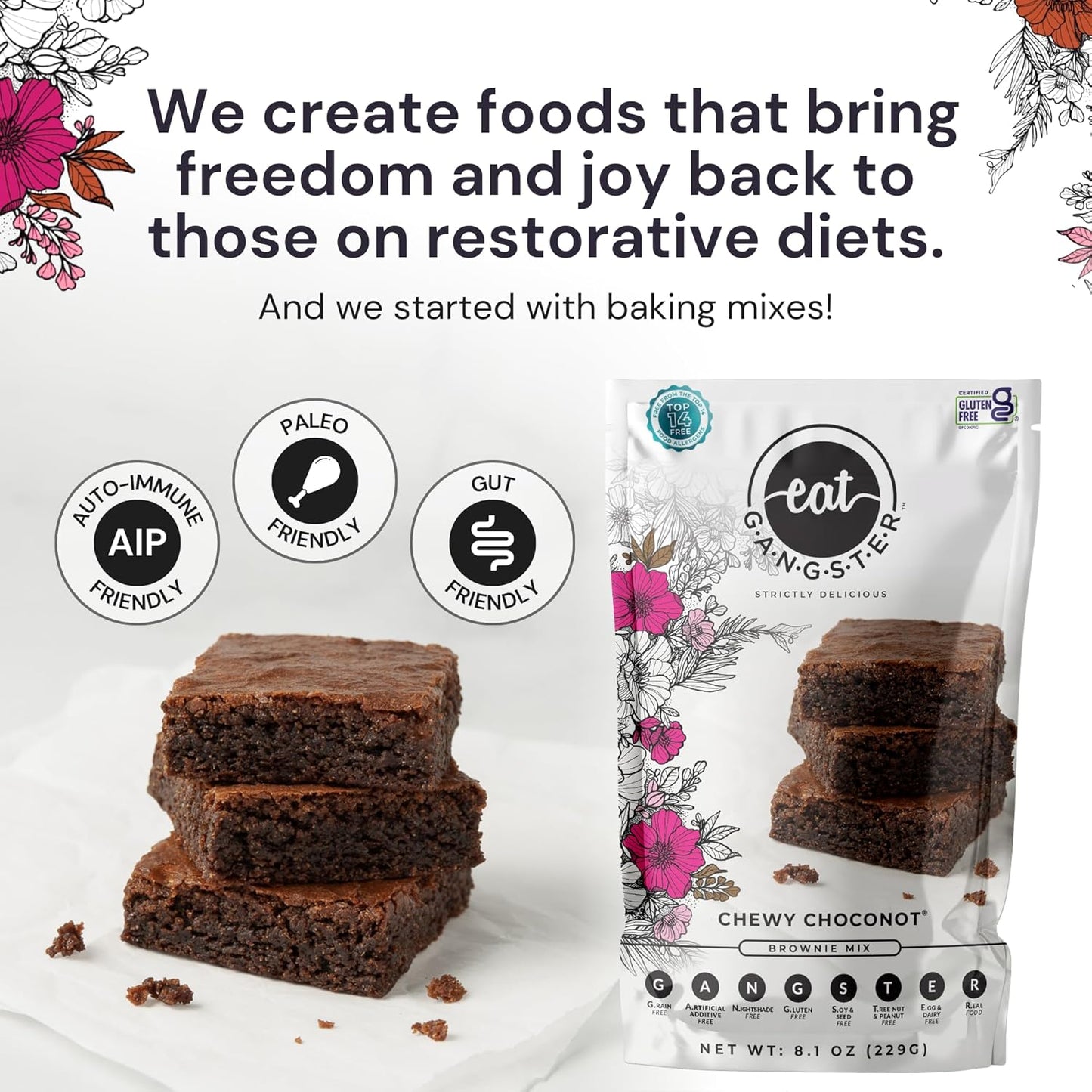 eat G.A.N.G.S.T.E.R. Chewy Choconot Brownie Mix - Allergy-Friendly Baking Mix, Grain-Free, No Dairy, Nuts, Gluten, Dairy - For Paleo & AIP Diets, Try with Chocolate or Carob Chips & Nut Butters