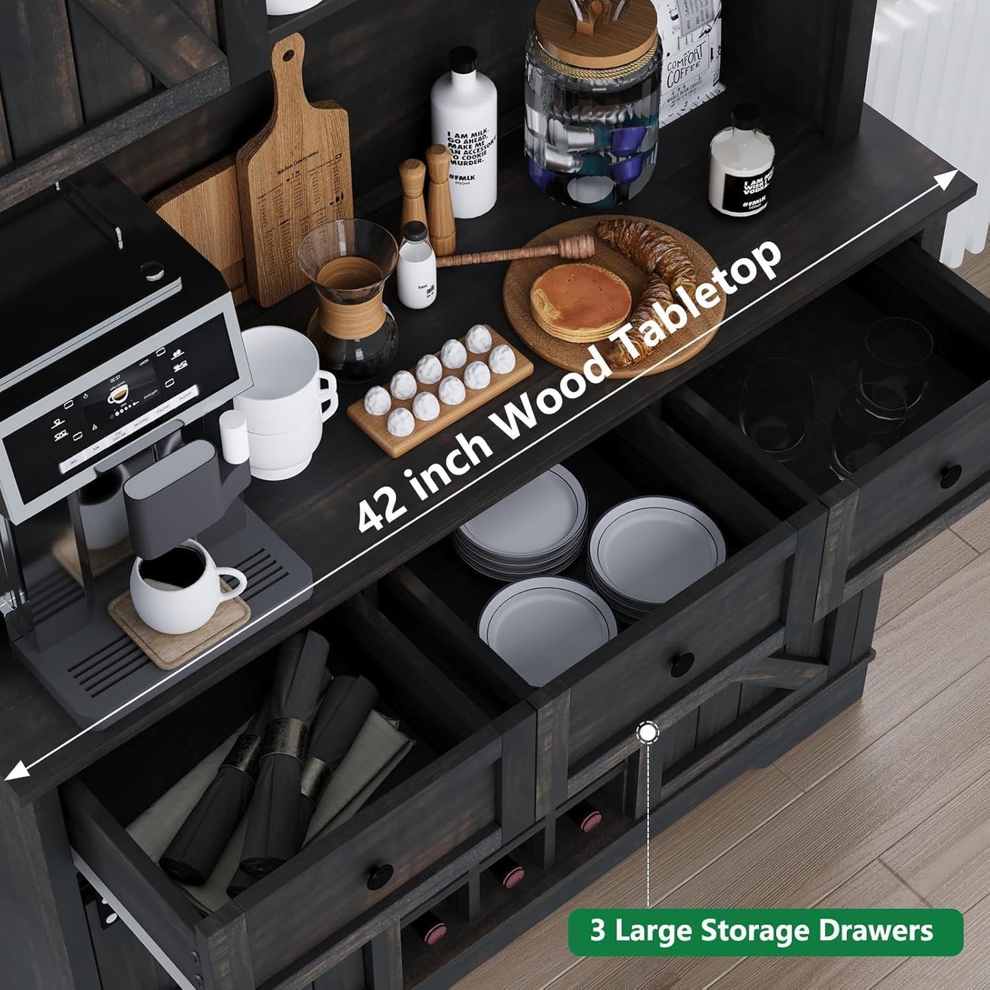 4 EVER WINNER 72" Coffee Bar Cabinet with Sliding Barn Door & Wine Racks, Hutch Cabinet with Storage and 3 Drawers, Farmhouse Coffee Bar with Wine Glass Holder for Dining Room Kitchen (Rustic Oak)