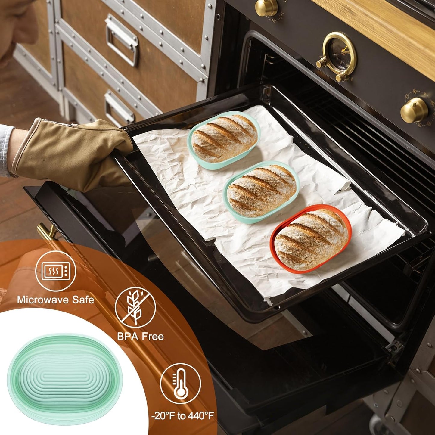 Silicone Banneton, Sourdough Bread Baskets (Set of 6, 6.5 Inch), Oval Proofing Bread Bowls with Starter Kit, Bread Making Baking Supplies