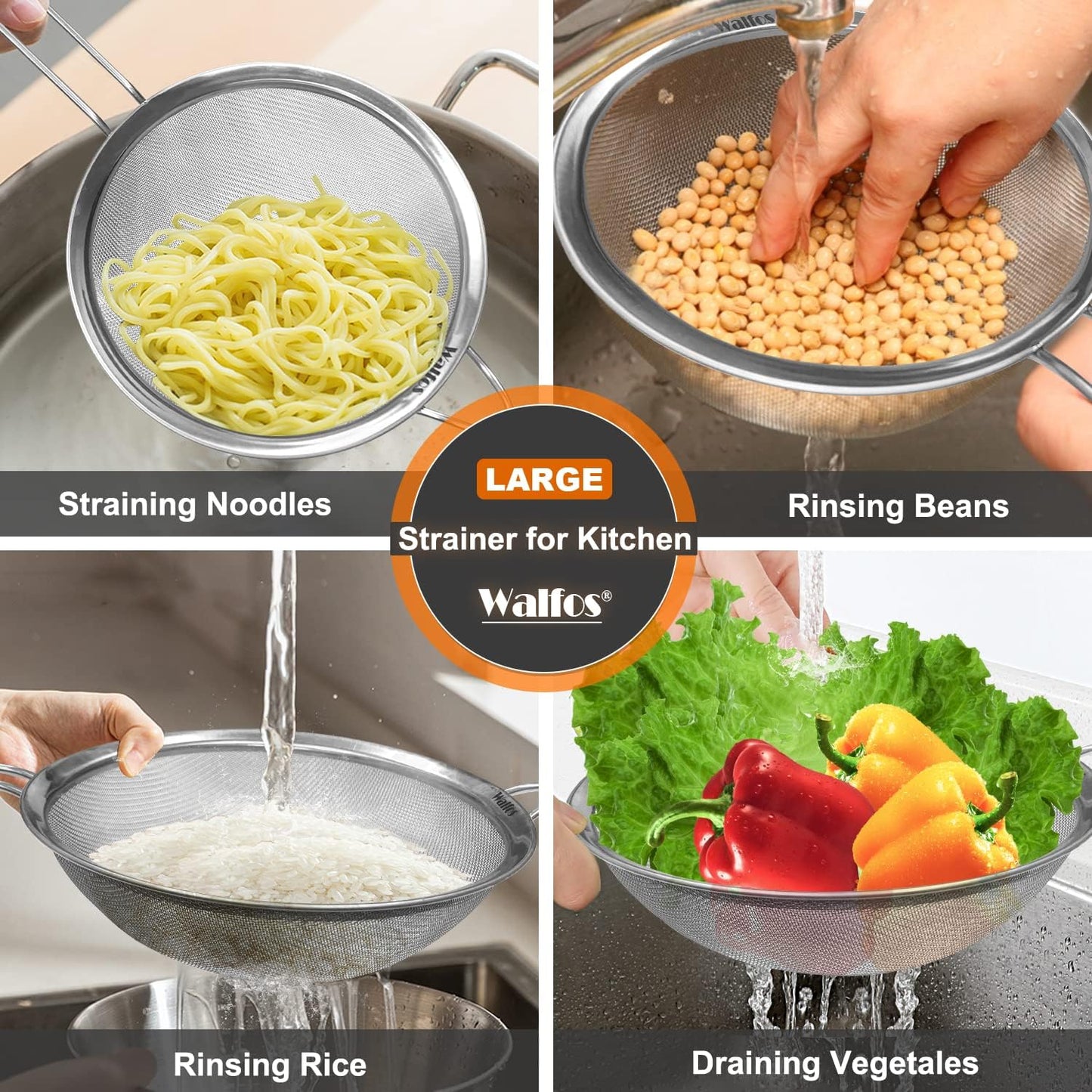 Walfos 9.5 Inch Large Fine Mesh Strainer, Stainless Steel 30 Mesh Sieve with Sturdy Handle, Kitchen Food Strainers Sifters for Rice, Quinoa, Pasta, Fruits, Vegetables, etc.