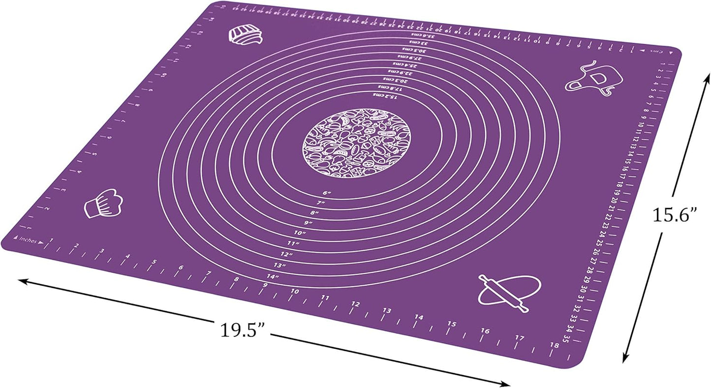 Silicone Baking Mat for Rolling Pastry Dough with Measurements, 19.7" x 15.7" BPA Free Non stick and Non Slip Purple Table Sheet Baking Supplies for Bake Pizza Cake