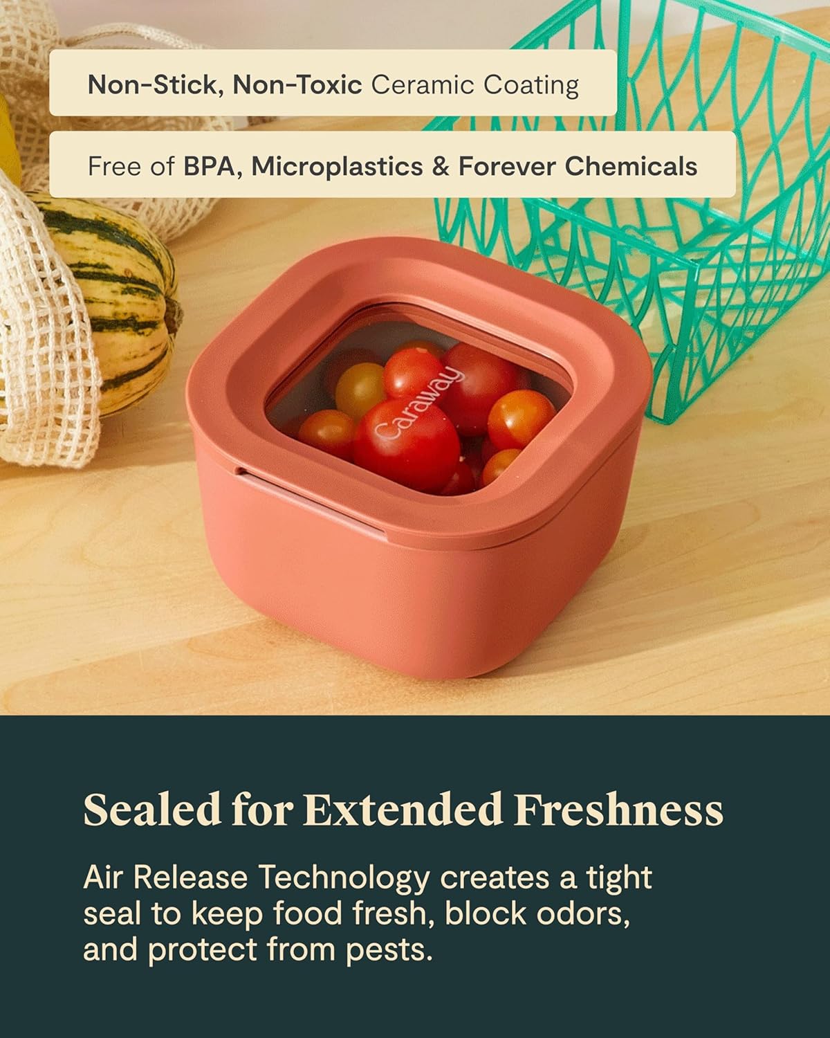 Caraway 2pc Glass Food Storage Set - 1.75 Cup Food Containers (2) - Non-Toxic Ceramic-Coated Glass - Air Release Technology - Compact & Stackable Design - Mist