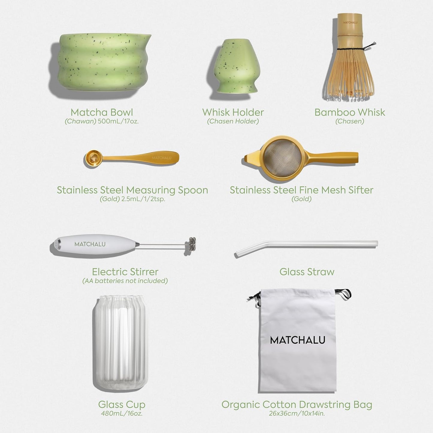 Premium 9 Piece Matcha Set Includes Ceramic Matcha Bowl, Bamboo Whisk & Holder, Stainless Steel Spoon & Sifter, Glass Cup & Straw, Electric Frother, Storage Bag - Gift for Matcha Lovers (Green)