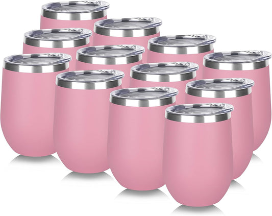 DOMICARE Stainless Steel Wine Tumbler Bulk with Lid, Personalized Insulated Tumblers Set, 12oz Travel Coffee Cups Pack of 12, Pink