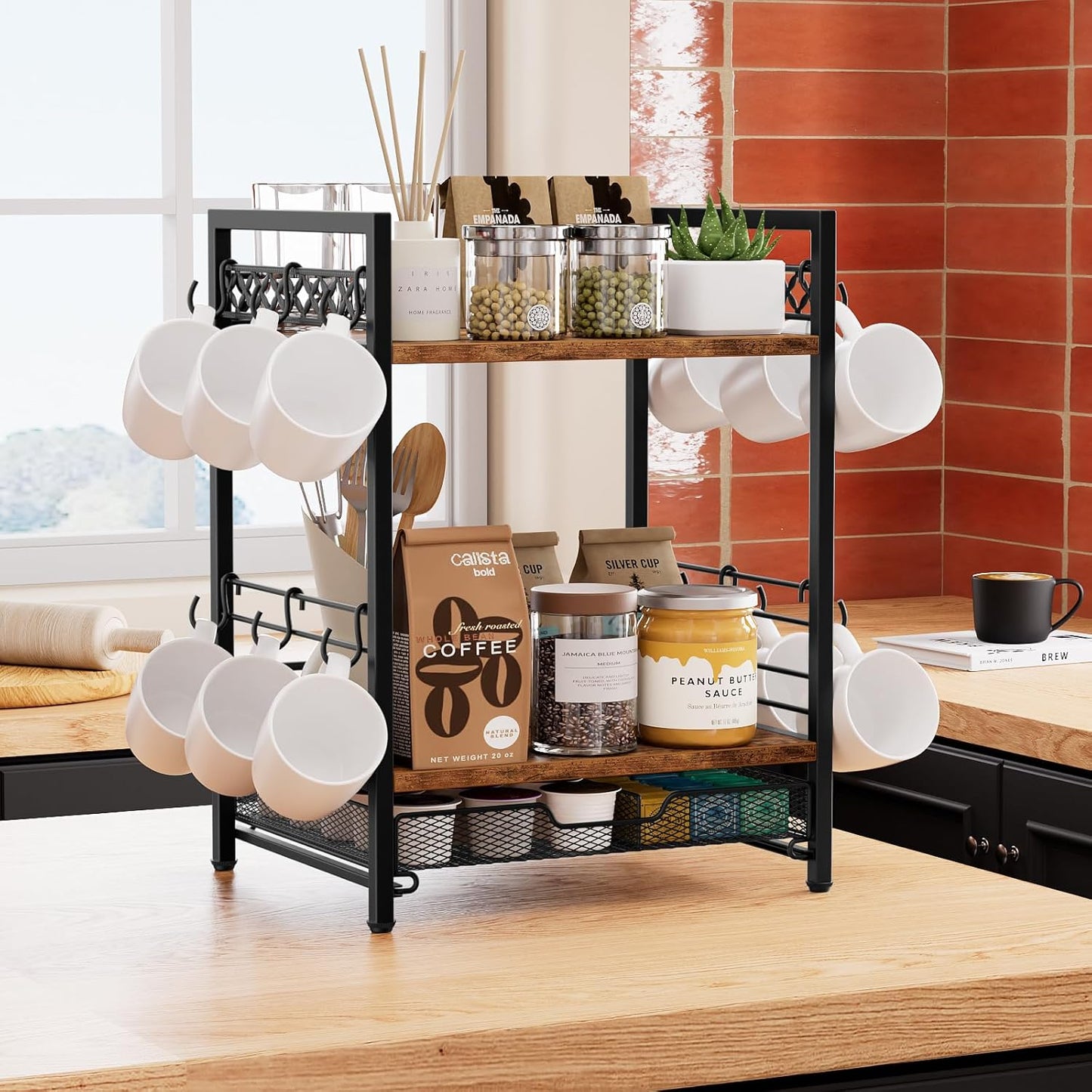 Coffee Bar Organizer Countertop, 3 Tier Mug Cup Holder Stand with 12 Hooks, 25 K Cup Coffee Pod Drawer with Mug Rack, Multifunctional Shelf for Accessories Kitchen (Black)