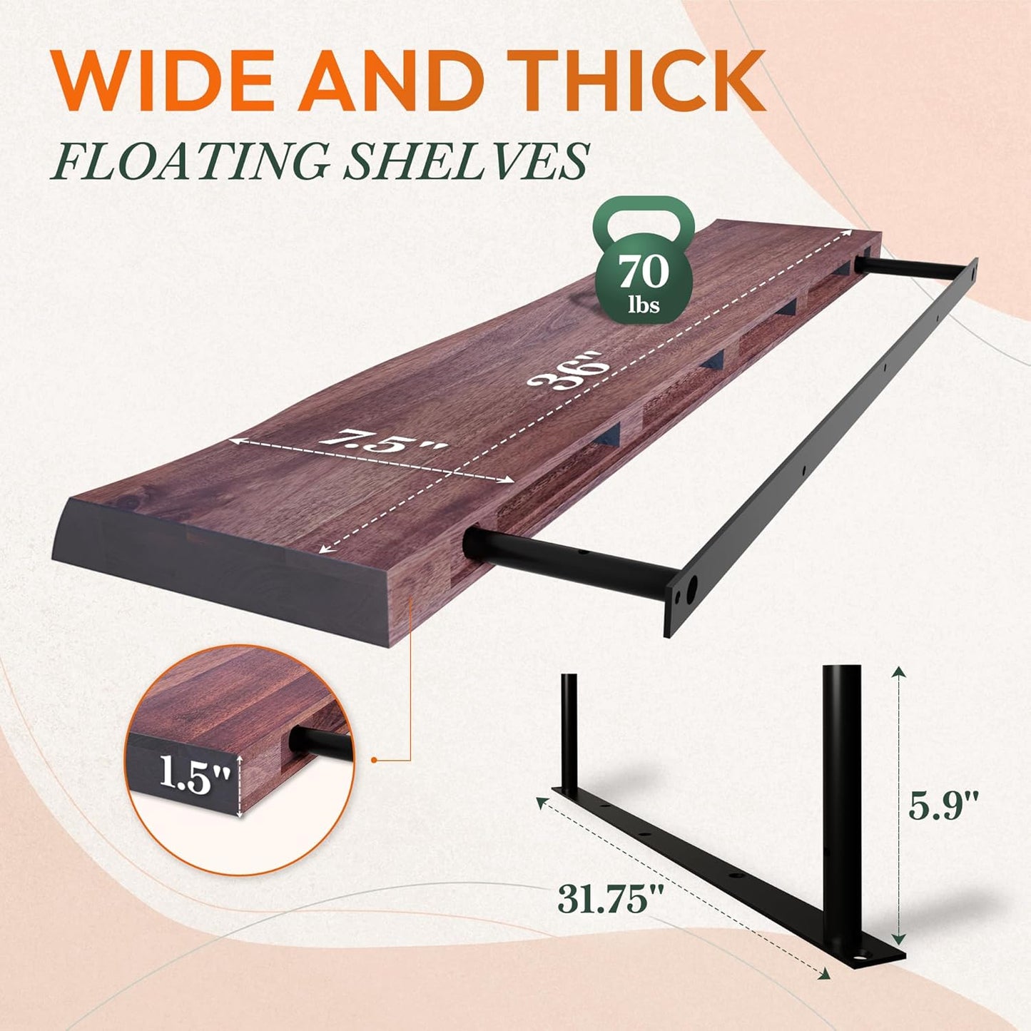 36" Acacia Live Edge Floating Shelves Set of 2 - Wall Mounted Wooden Shelf for Stylish Home Décor - Cherry Color 36x7.5x1.5 Inches