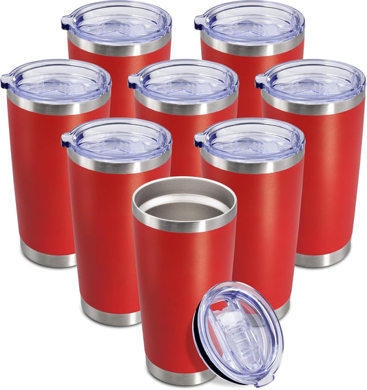 20 oz Tumbler Coffee Tavel Tumblers Bulk with Lid Stainless Steel Double Wall Vacuum Insulated Mug Powder Coated Cups fit Car Cupholder for Hot and Cold - Red, 8Pack