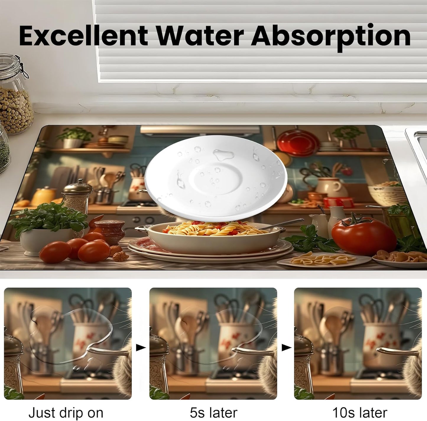 17"x 32" Coffee Bar Mat, Cat Chef Absorbent Dish Drying Mat Cuttable Hide Stain Draining Table Pad for Kitchen Counter, Coffee Bar Accessories