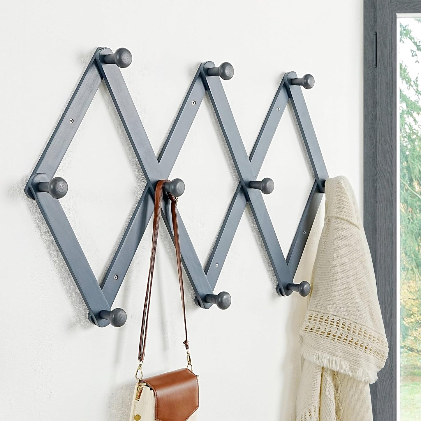 Dseap Expandable Coat Rack (Larger Version) - 24” High, Anti-Slip, Ultra Heavy Duty Wooden Accordian Wall Hanger with 10 Study Peg Hooks for Clothing Hats Jackets Bags, Grey