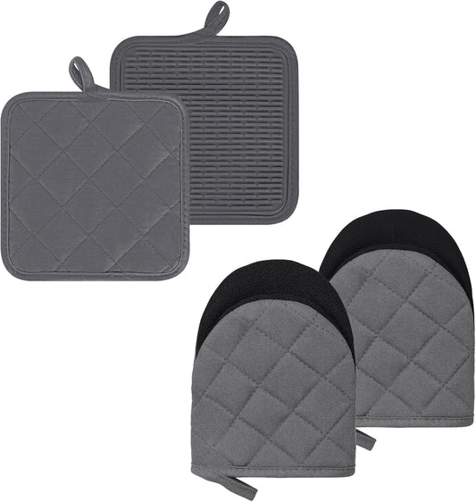 Oven Mitts and Pot Holders Set, Pack of 4, Heat Resistant Silicone Kitchen Mini Oven Mittens for 500 Degrees, Mini Oven Gloves and Hot Pads for Baking Grilling Barbecue Microwave Machine Washable
