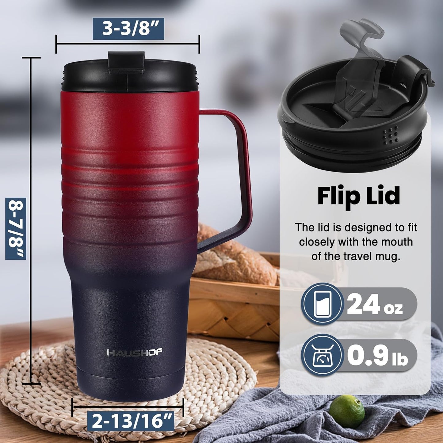 HAUSHOF 24 oz Travel Mug with Handle, Stainless Steel Vacuum Insulated Coffee Travel Mug, Double Wall Travel Mugs with Leakproof Lid, BPA Free