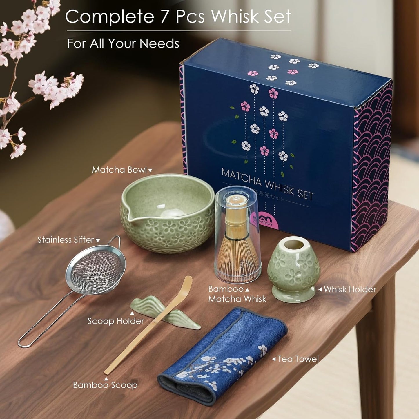 7Pcs Matcha Whisk Set, Ceramic Matcha Bowl with Spout,Bamboo Whisk and Holder, Bamboo Scoop,Scoop Rest,Sifter and Tea Towel,Matcha Kit w/Cherry Blossom Carved Pattern (Mottled Green)