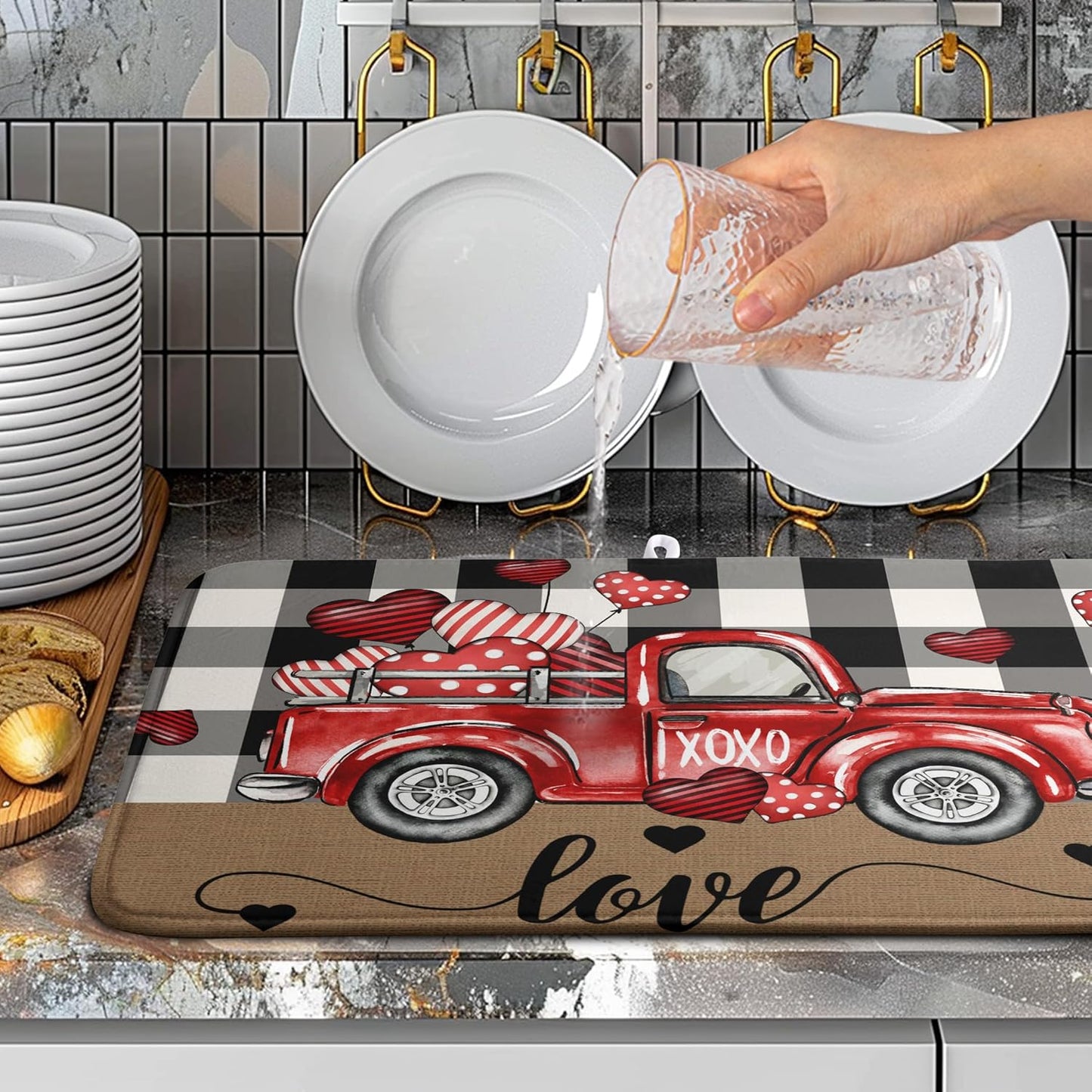 Valentines Dish Drying Mat Valentine Buffalo Plaid Hearts Kitchen Drying Pad Absorbent Dishes Dryer Mats 18x24 Inches