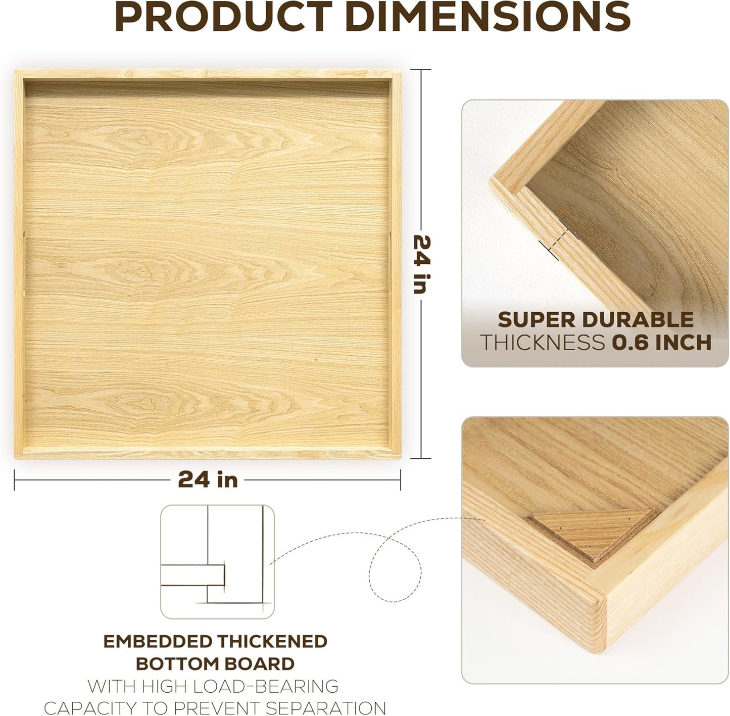 Axeman 24 Inch Large Square Wooden Ottoman Tray for Living Room|Extra Large Serving Tray with Handles for Coffee Table, Breakfast|Decorative Wood Tray for Ottoman Couch Sofa Kitchen|Natural