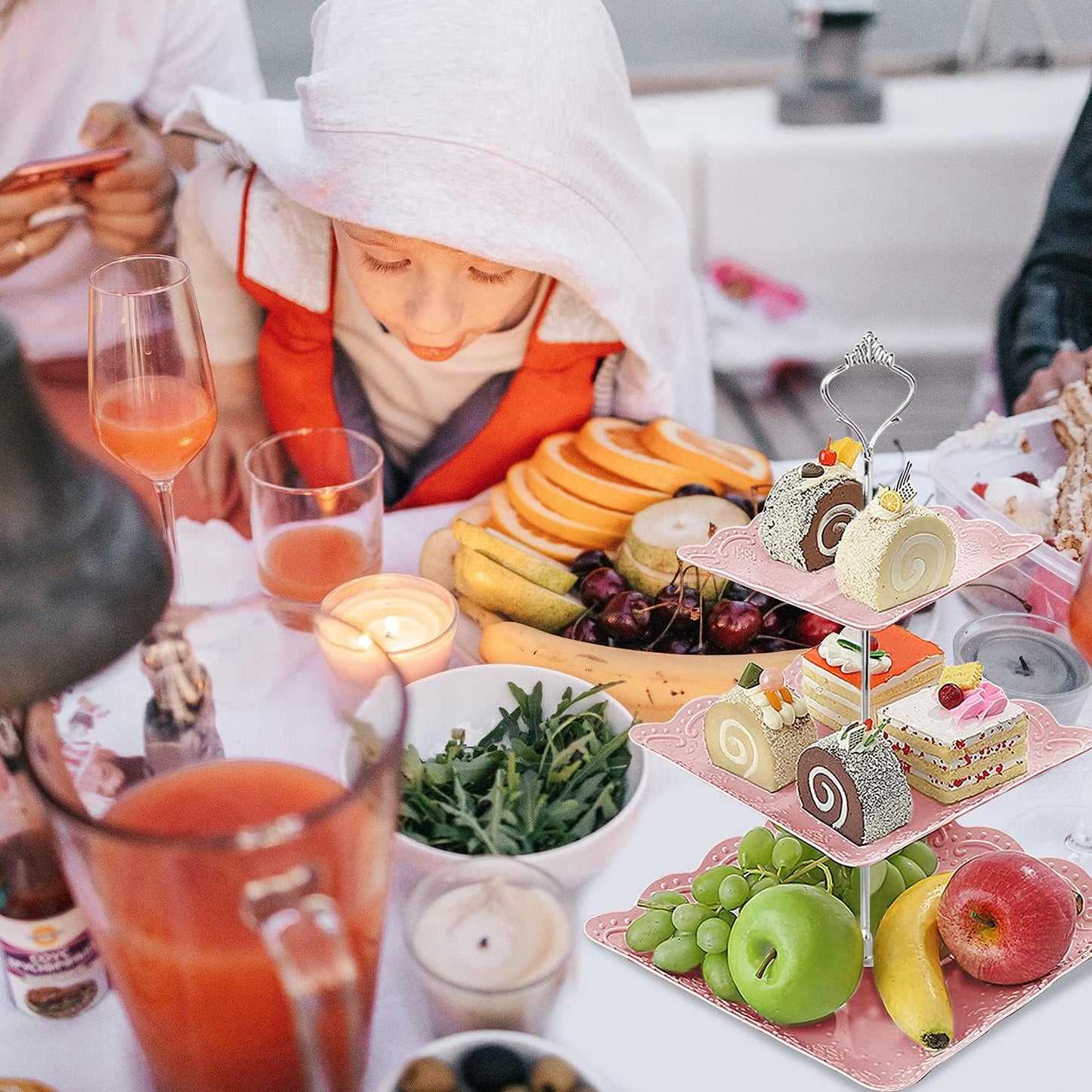 Cupcake Stand,2 Set of 3-Tier Dessert Plates Mini Cakes Fruit Candy Display Tower Cookie Tray Rack Candy Buffet Holder Plastic Cake Stand for Wedding Home Holiday Birthday Christmas Party Decor (Pink)