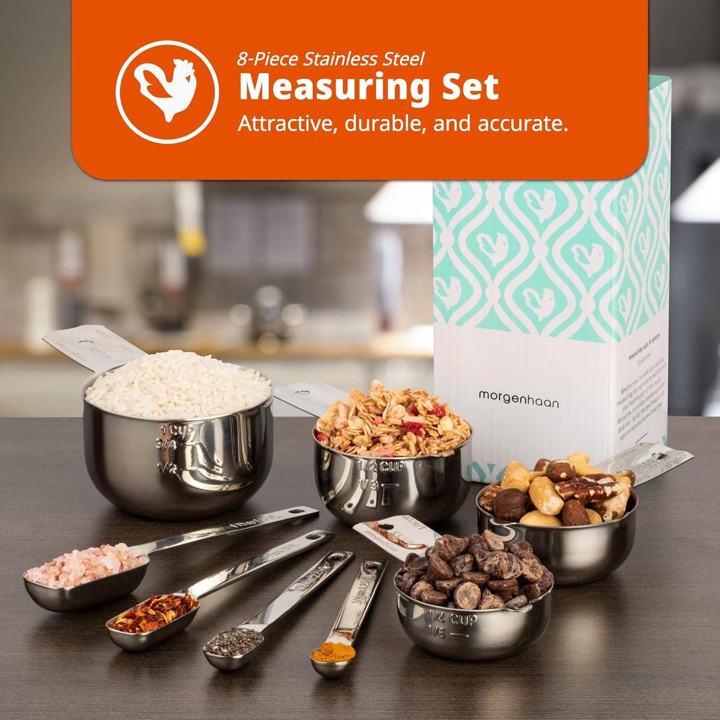 Premium 304 Stainless Steel Measuring Kit - 8-Piece Essential Cups and Spoons for Everyday Use, Stackable & Durable