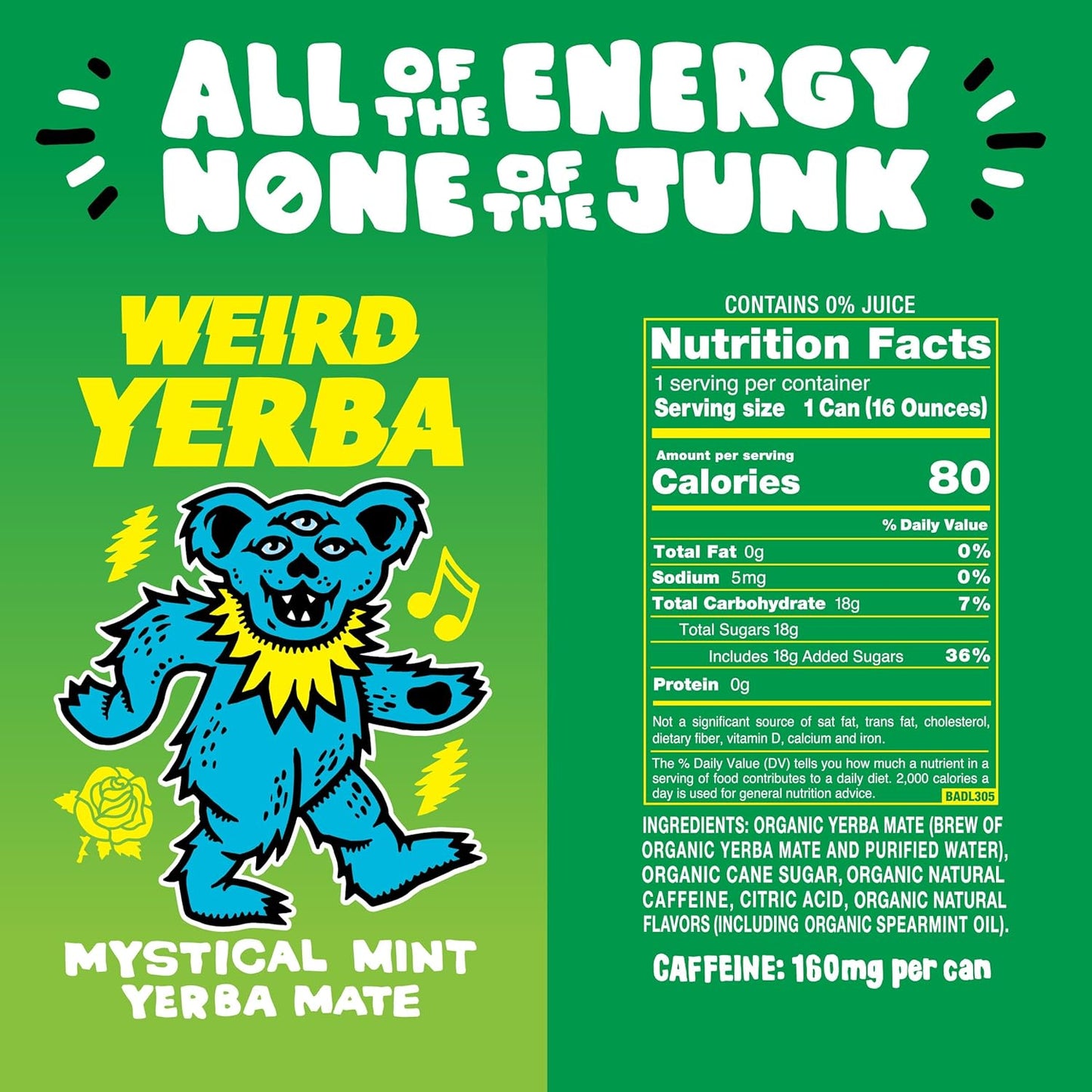 Drink Weird Organic Mystical Mint Yerba Mate – 16oz Cans, 160mg Organic Caffeine, Pack of 12 – Grateful Dead Collab, Clean Energy Drink Alternative