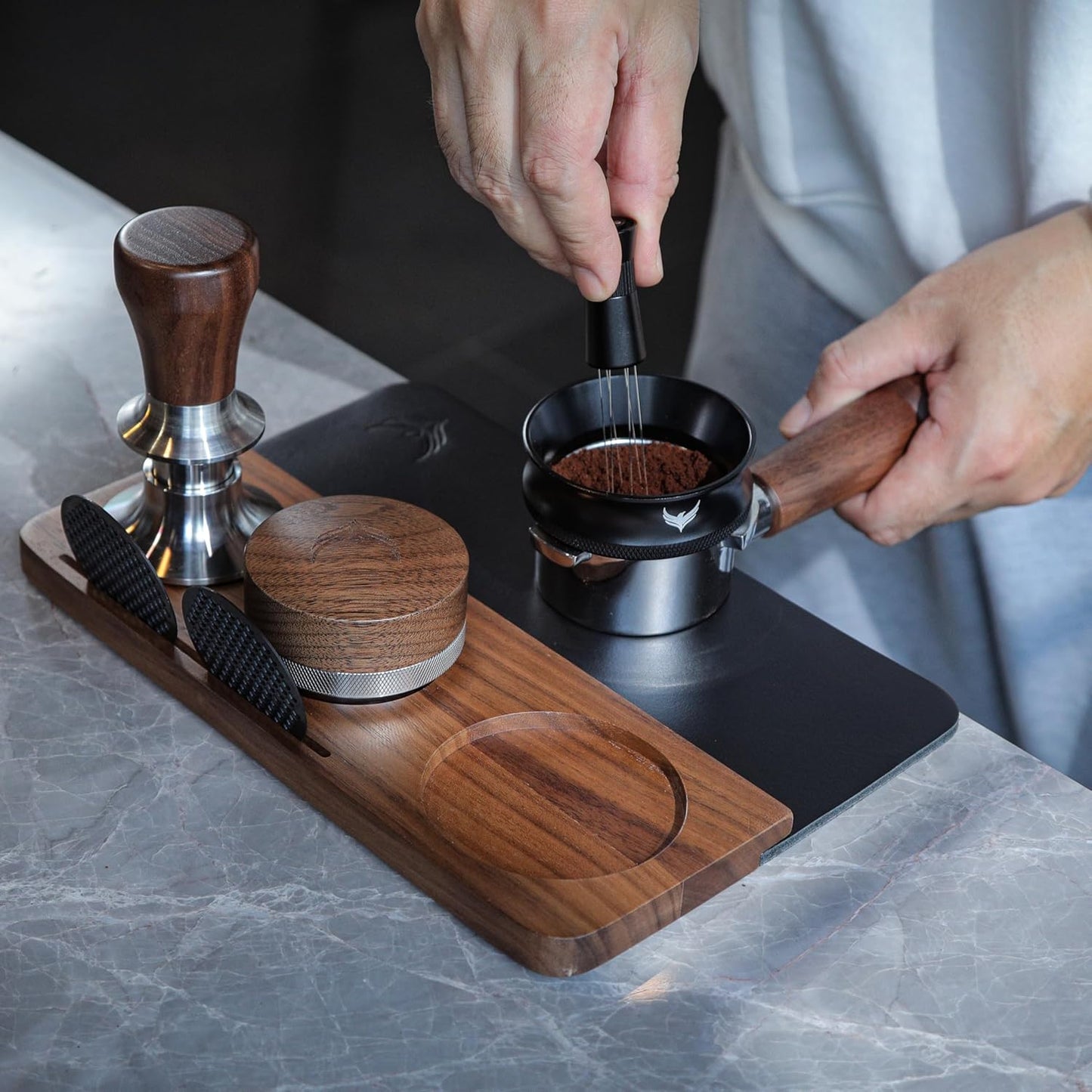 54mm Tamping Mat For Breville Espresso Machine Accessories Walnut & Leather Tamp Station Organizer with Multi-Slot Design for Espresso Tools Tamper, Distributor, Funnel & Puck Screens