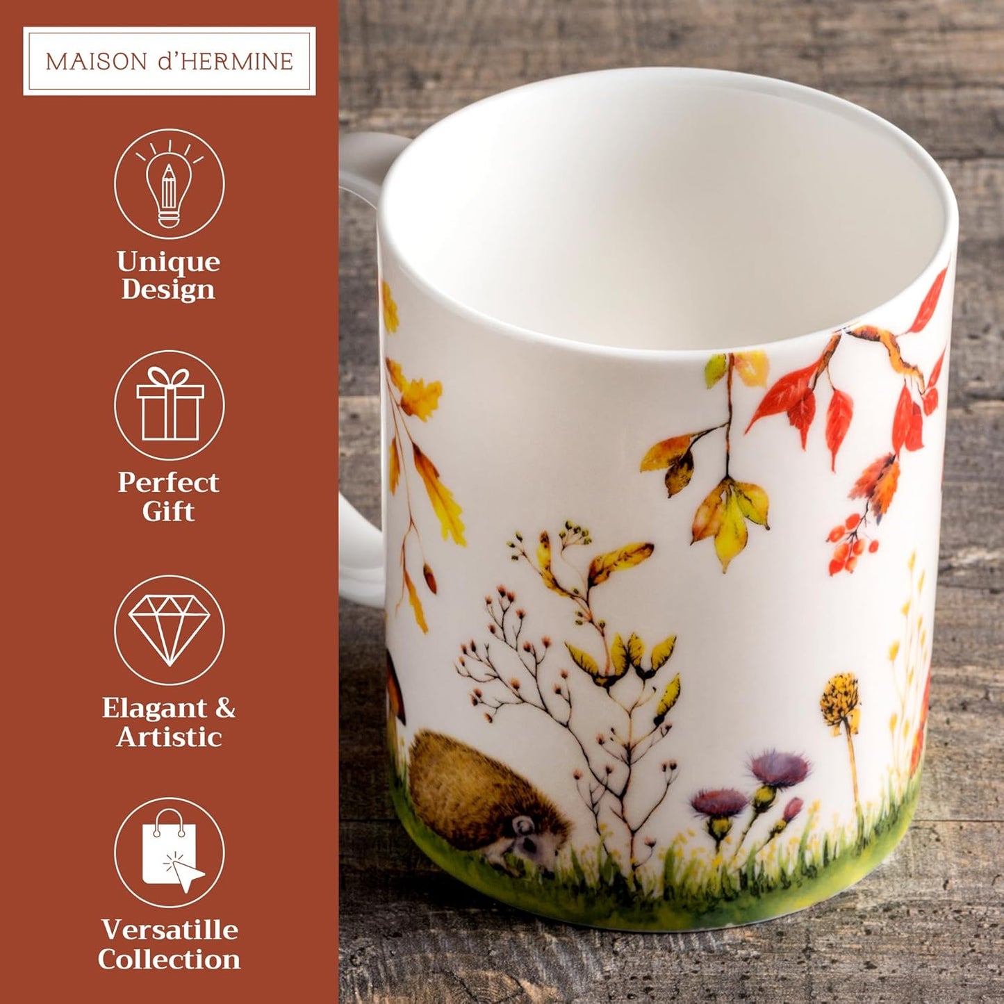 Maison d' Hermine Coffee Mug with Handles Fine Bone China Mugs Pack of One Tea Cups for Hot Beverages Cappuccino Latte Home Restaurant Office Perfect for Gift (Sous-Bois - Option 1, 12 Ounce)