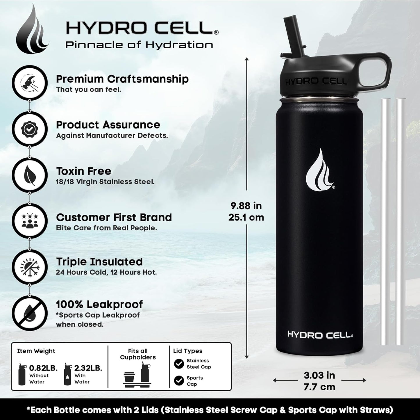 HYDRO CELL Stainless Steel Insulated Water Bottle with Straw - For Cold & Hot Drinks - Metal Vacuum Flask with Screw Cap and Modern Leakproof Sport Thermos for Adults (Black 24oz)