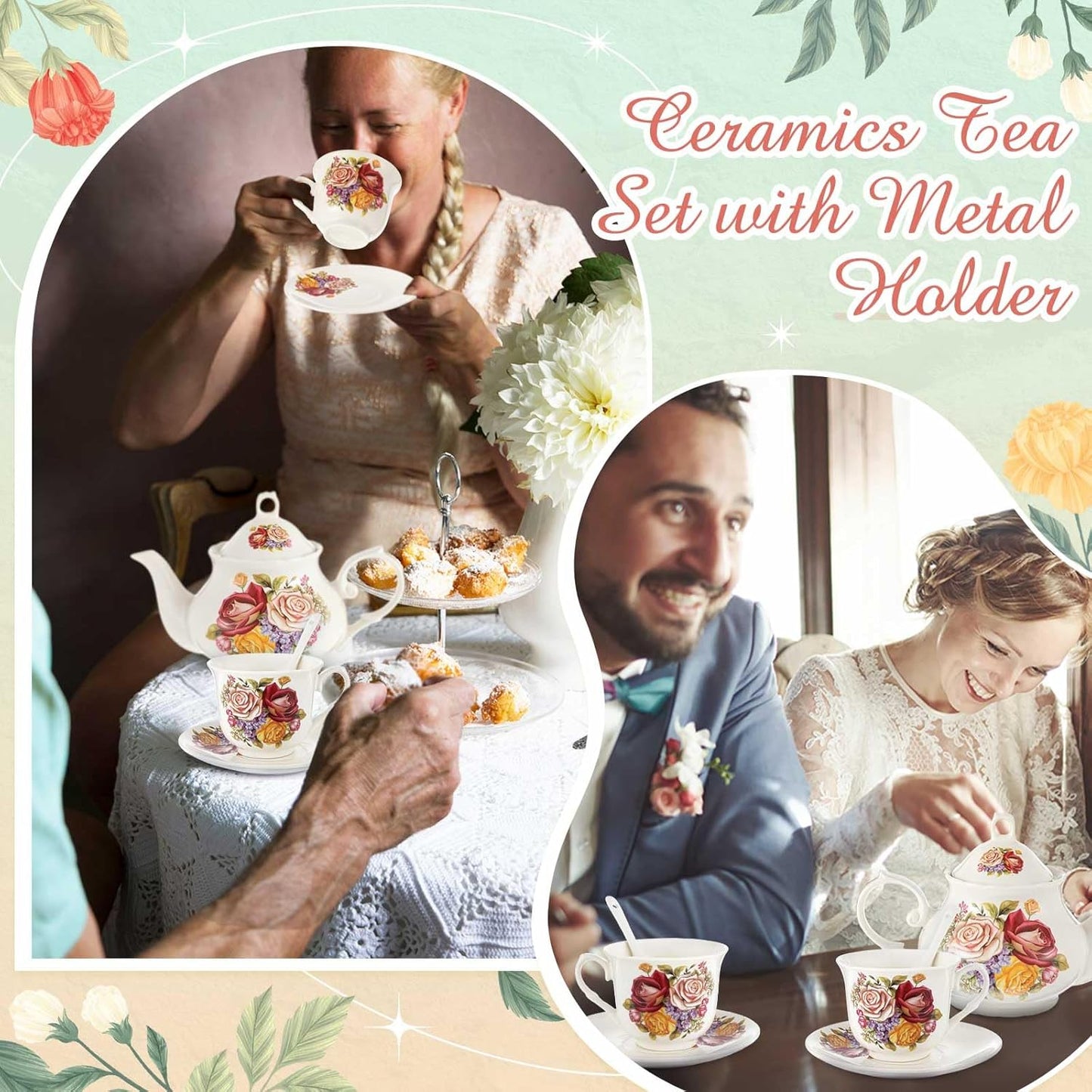 Zhehao 20 Pcs Porcelain Tea Set with Metal Holder and Spoon Adult Ceramic Tea Party Set European Flower Painting Teapot Cup Saucer Spoon for Women, Large Version (Styleish Style)