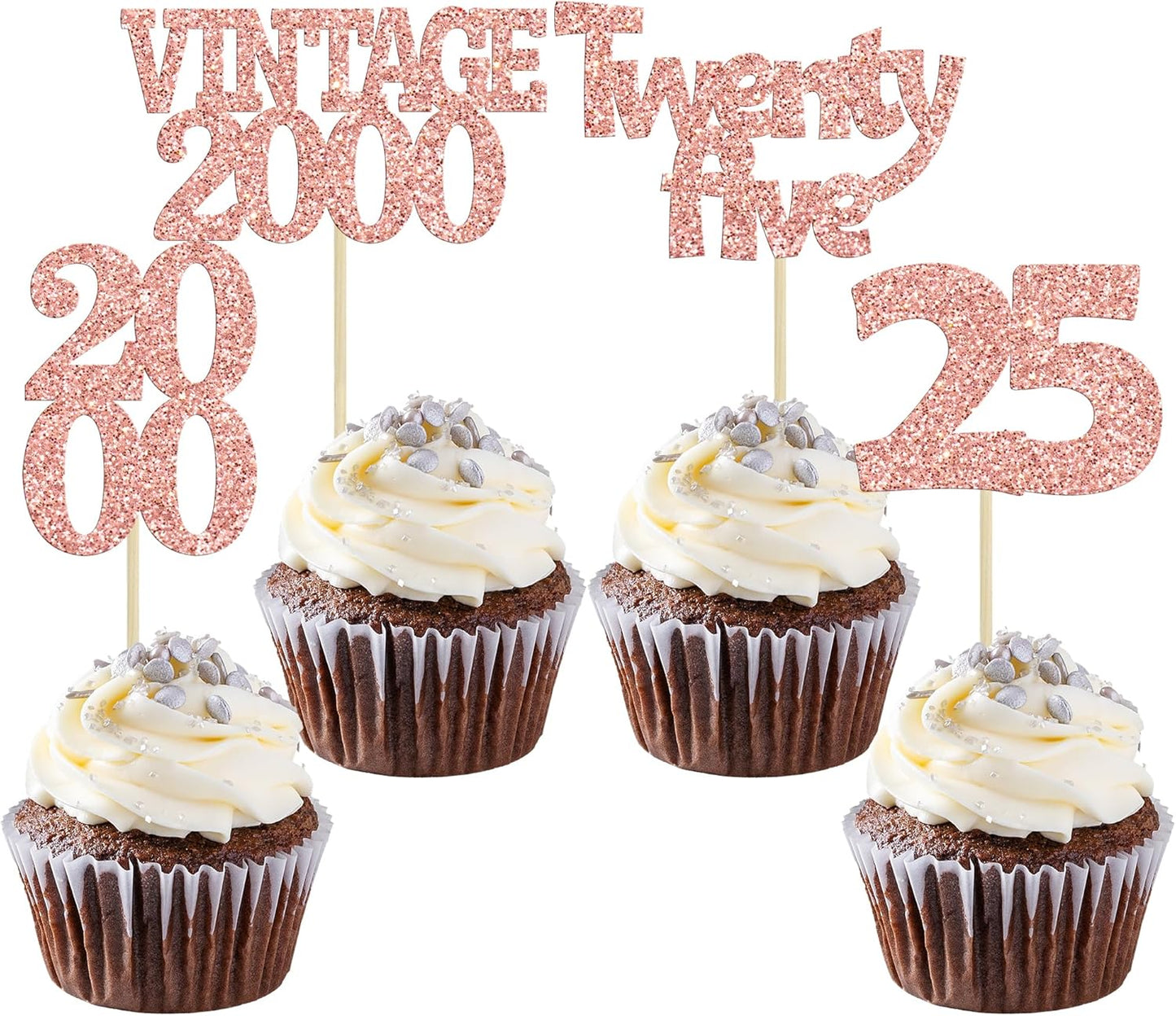 Gyufise 24Pcs 25th Birthday Cupcake Toppers Glitter Twenty-five Vintage 2000 Hello 25 Years Birthday Cupcake Picks Cheers to 25 Cake Decor for Happy 25th Anniversary Party Supplies Rose Gold