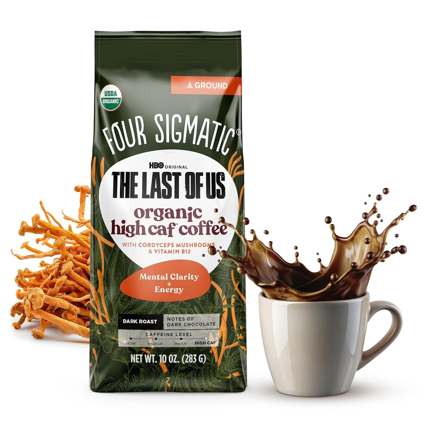 Four Sigmatic The Last of Us High Caffeine Cordyceps Coffee | Organic Dark Roast Extra Strong Ground Coffee with L-Theanine | Energy Booster Without the Jitters | 10oz Bag