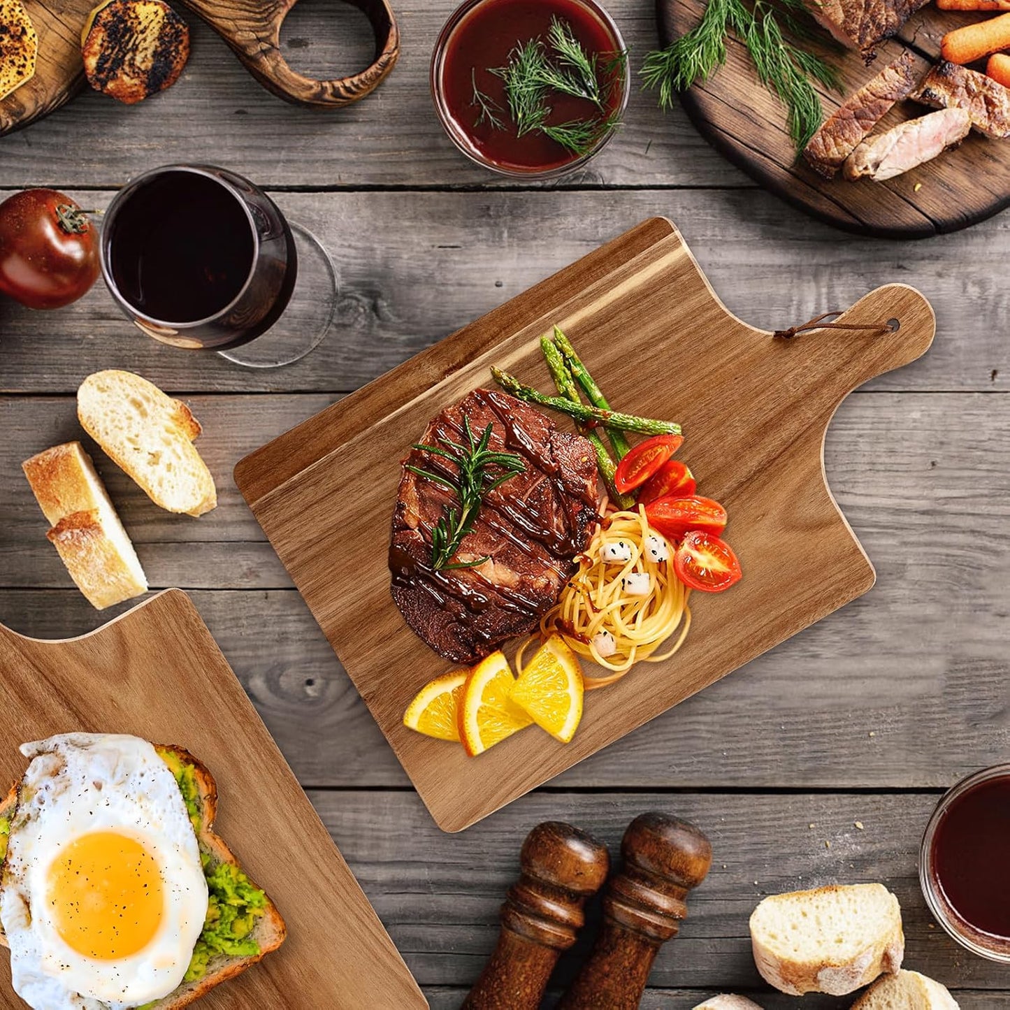 12 Pack Acacia Wood Cutting Board,Bulk Charcuterie Boards Chopping Board with Handle 15.7 x 9.8 Inch & 15.7 x 5.1 Inch, Wooden Boards for Serving Food Cheese Pizza Bread Fruit Meat