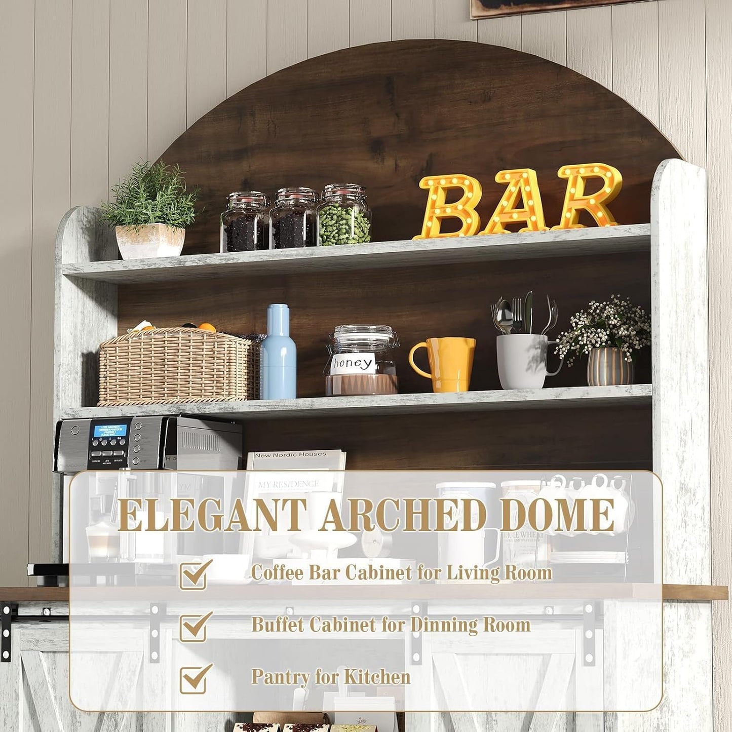 4 EVER WINNER Coffee Bar with 3-Tier Storage, 67" Coffee Bar Cabinet with Sliding Barn Doors & Wine Rack, Kitchen Hutch Cabinet for Living Room, Dining Room, Grey