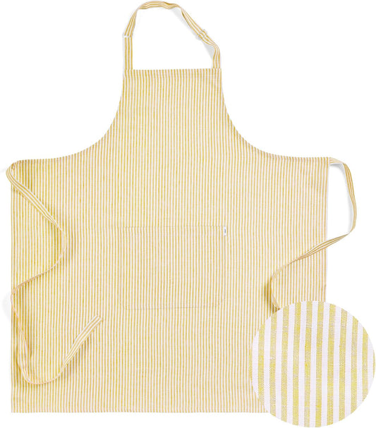 Solino Home 100% Pure Linen Apron for Women & Men - Spicy Mustard and White Stripe Full Midi Bib Apron, Adjustable Neck Strap with Center Pockets for Kitchen, Chef - Handcrafted from European Flax
