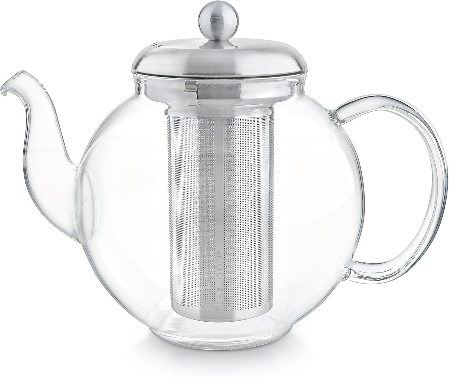 Teabloom Heritage Borosilicate Glass Teapot – 40 oz Classic Round Design with Stainless Steel Infuser – Stovetop Safe, Drip-Free Spout, Durable Heat-Resistant Tea Kettle for Loose Leaf or Teabags
