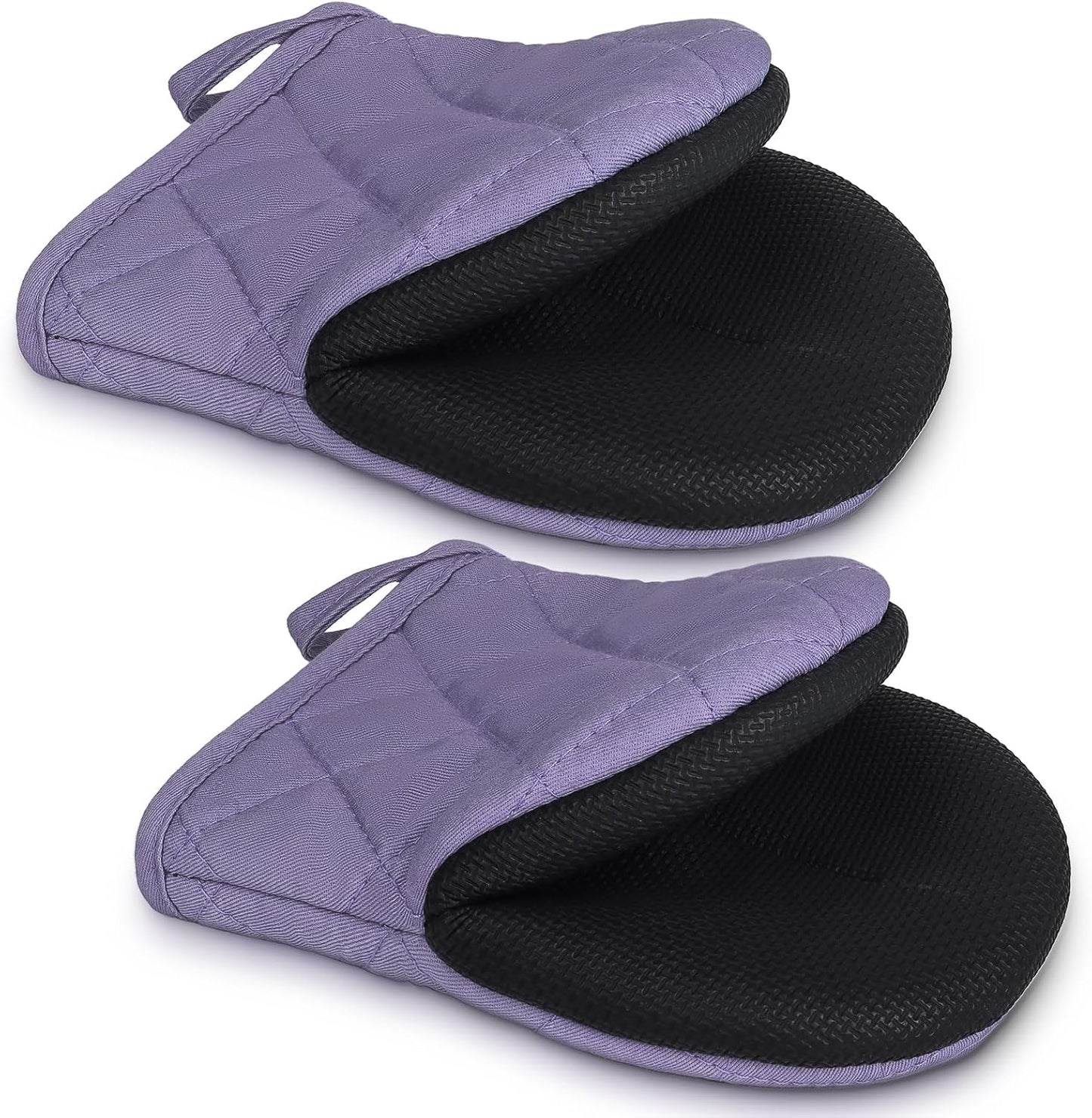 1 Pair Short Oven Mitts - Silicone Kitchen Oven Gloves High Heat Resistant 500℉, Mini Oven Mits with Non-Slip Grip Surfaces and Hanging Loop for BBQ, Baking, Cooking and Grilling (Purple)