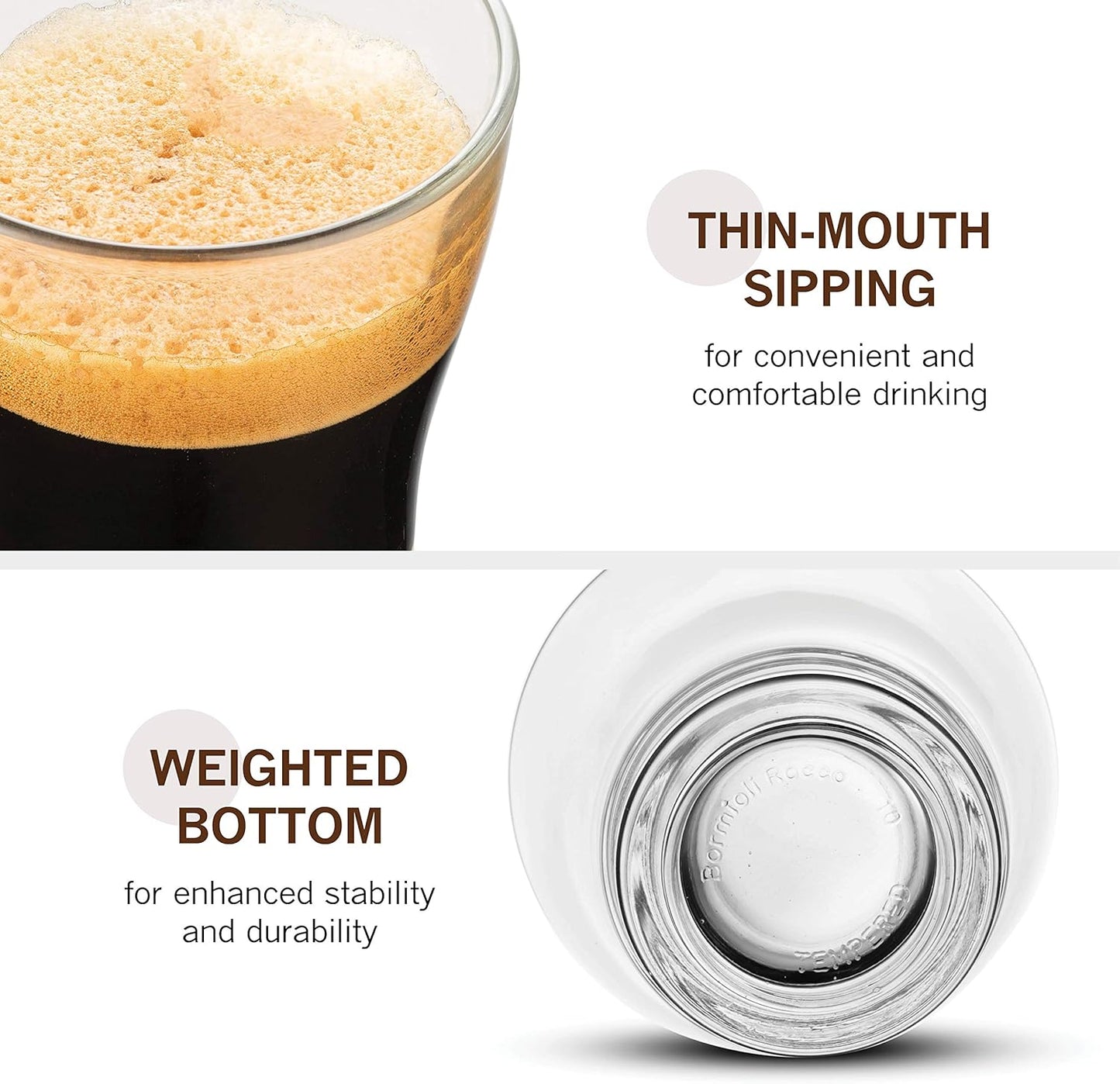 Bormioli Rocco OSLO Glass Coffee Mug - 7 ½ Ounce Espresso Cups (4 Pack) with Metal Handle Perfect Tea Glasses for hot and cold beverages, Thermal Shock Resistant, Tempered Glass, for Latte, Cappuccino