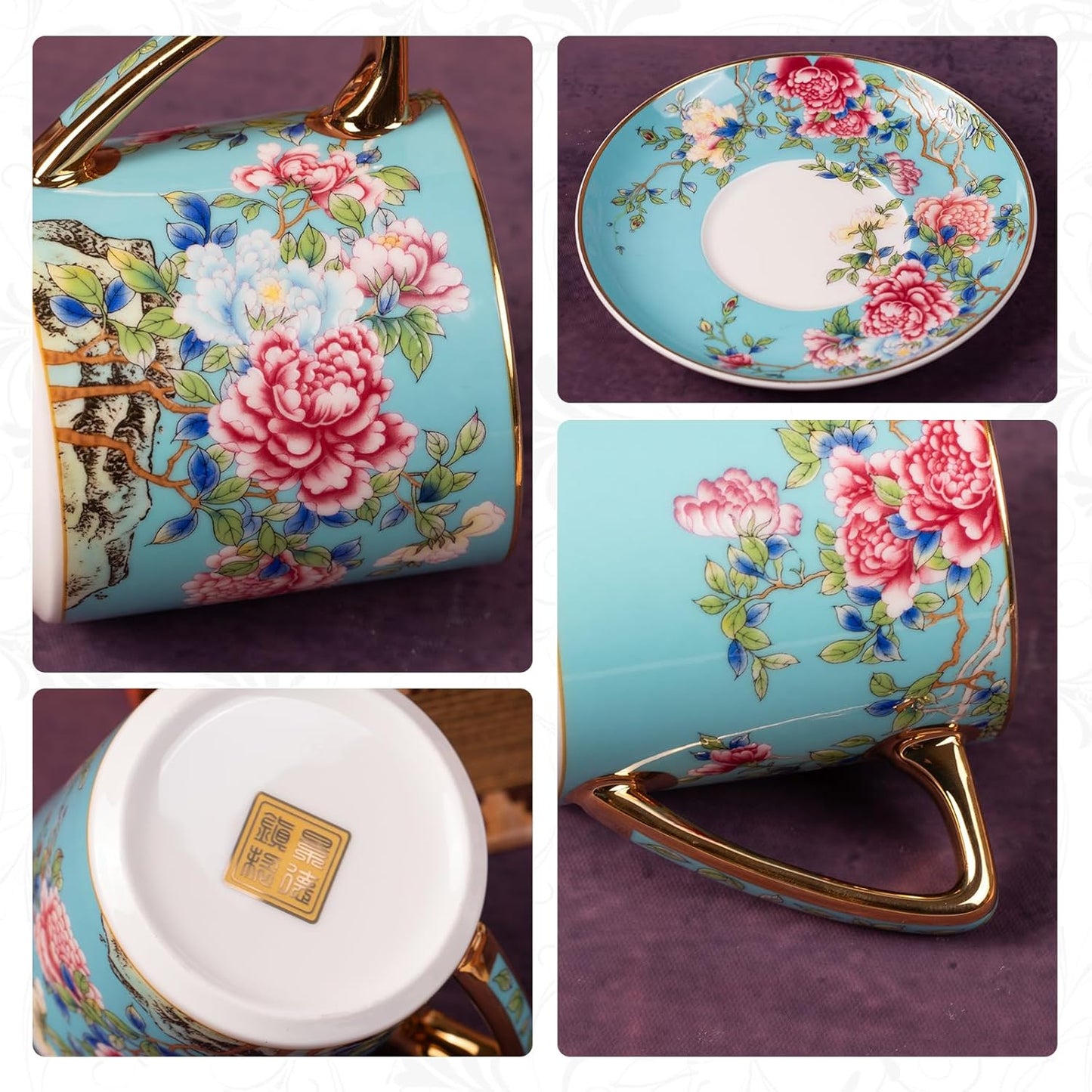 KAMMAK Tea Cups and Saucers Set of 2, Porcelain Coffee Cup with Saucer for Espresso, Cappuccino, 7.5oz Vintage Yellow and Blue Floral Ceramic Demitasse Mug for Home, Tea Party, Office