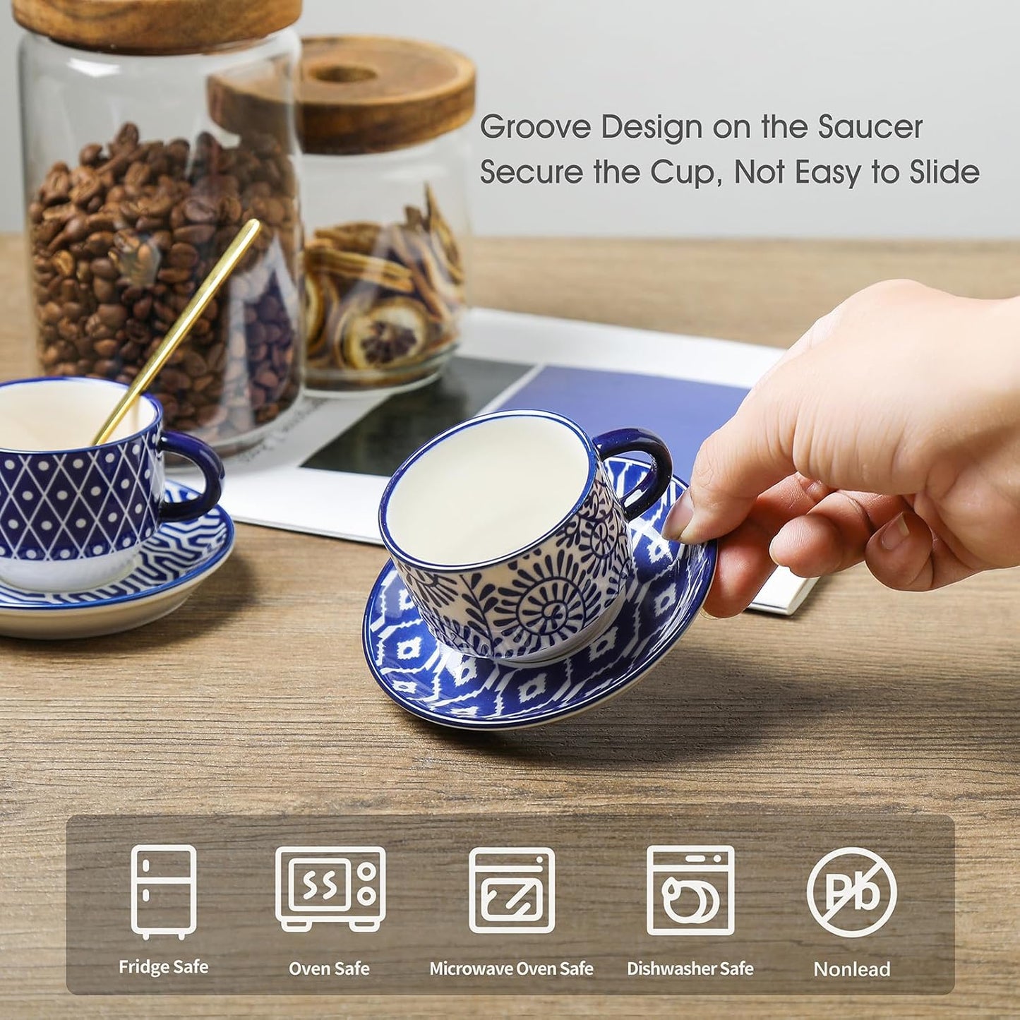 Selamica Ceramic Cappuccino Cups with Saucers and Metal Stand, 8 OZ Stackable Espresso Coffee Cups for Coffee, Latte, Americano, Tea, Set of 4, Vintage Blue