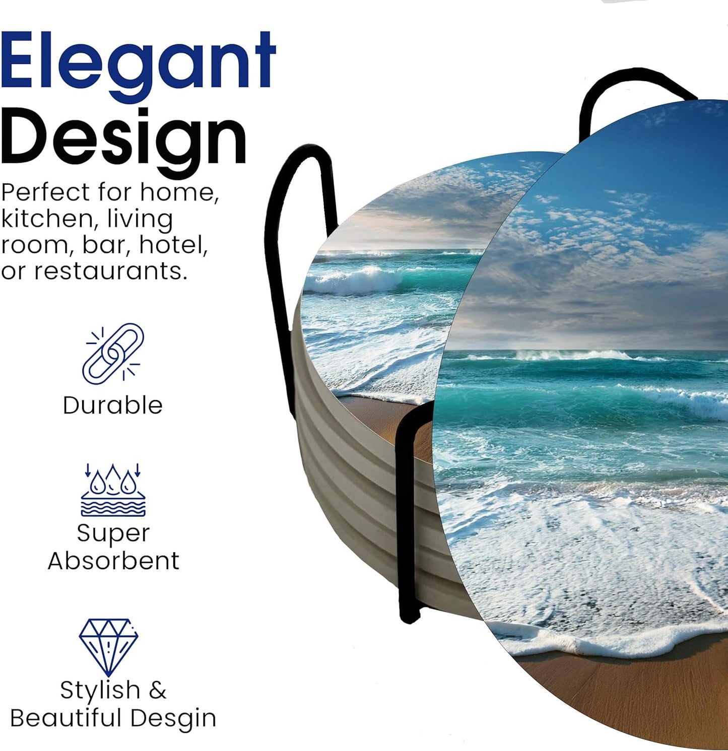 Ocean Coastal Theme Round Coasters Set of 6 - Abosrbent Ceramic Coasters with Metal Stand for Drinks, Beer, Coffee, Non-Slip Cork Back for Tabletop Protection, 4 Inches (Beach)